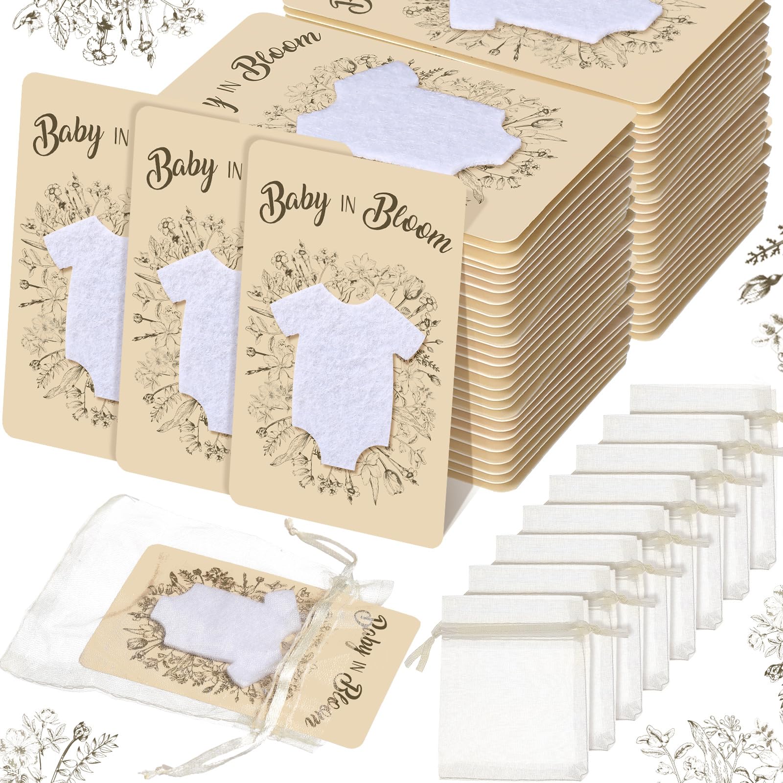Kosiz 100 Sets Baby Shower Seed Packet Favors 100 Infant Bodysuit Shape Thank You Cards100 White Organizer Storage Bag Baby in Bloom Wildflowers Party
