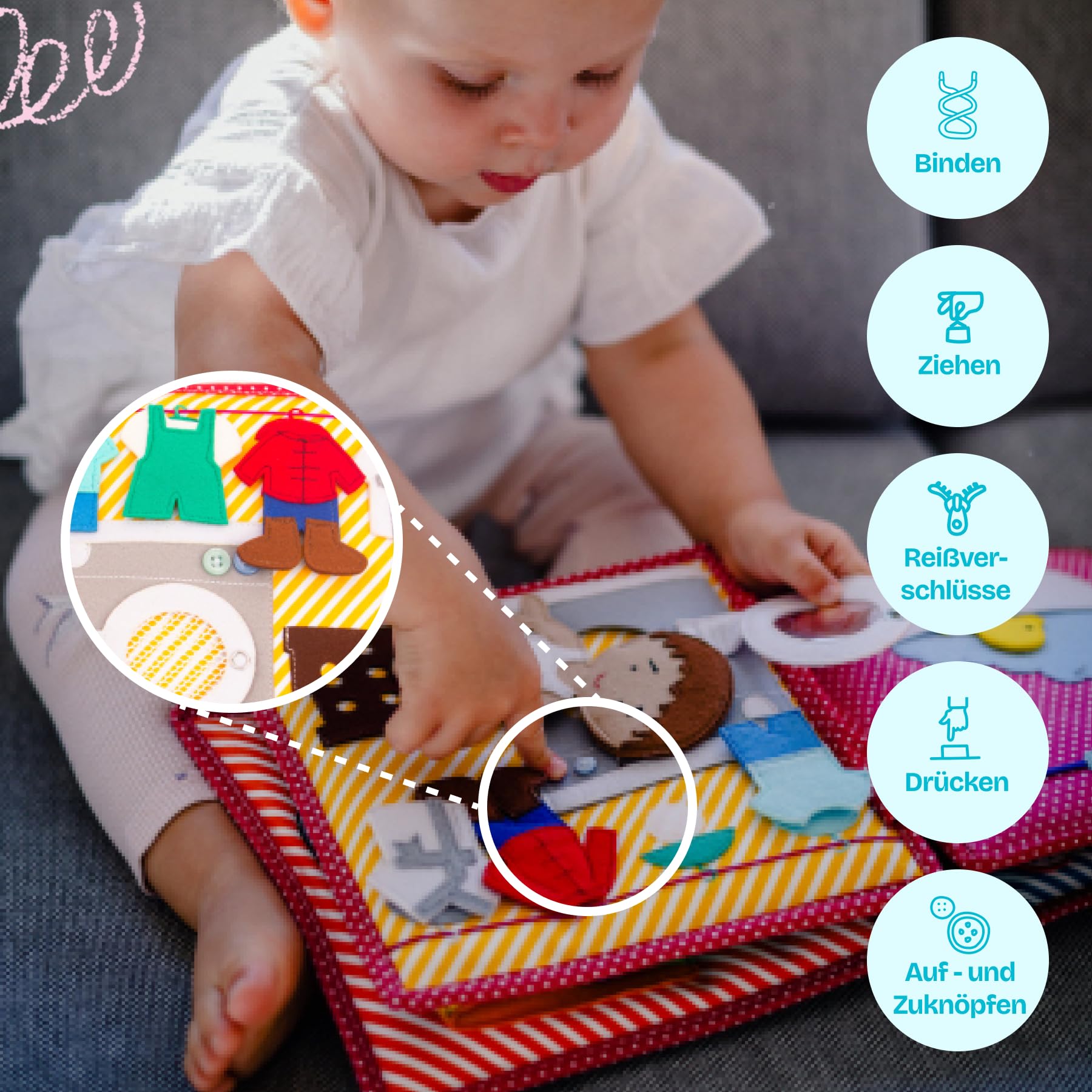 Jolly Designs – Quiet Book Hey Du! – Montessori Spielzeug ab 2 Jahren – Motorik & Sensorik fördern – Handgefertigtes Filzbuch – Lernspielzeug für Kleinkinder – Busy Book für Zuhause & unterwegs