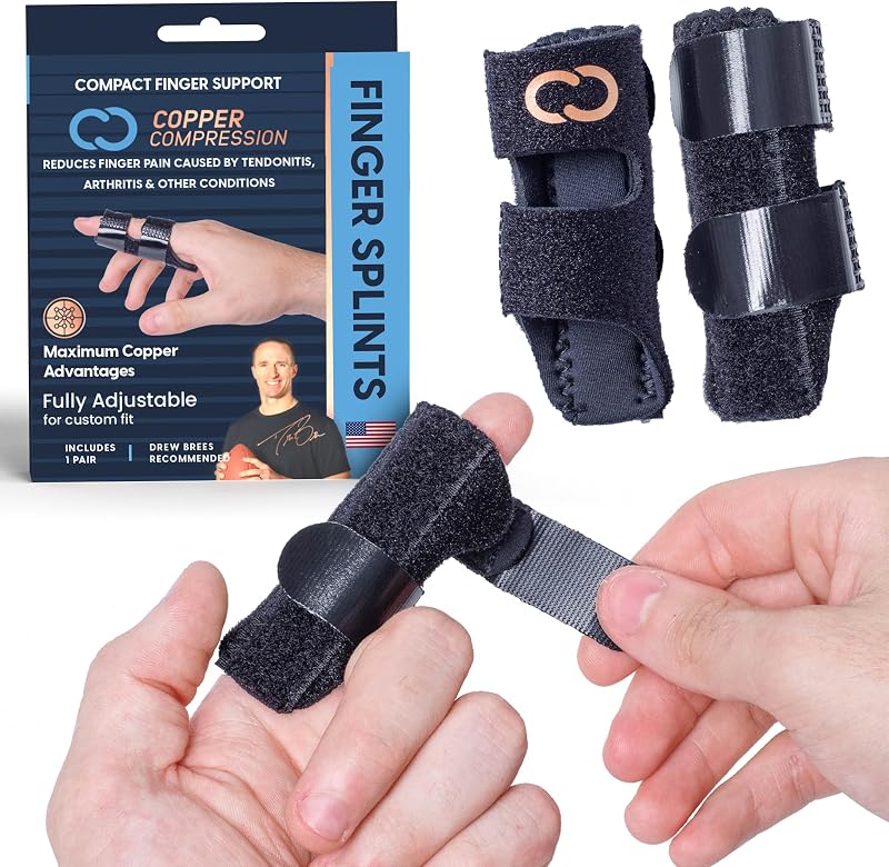 Férulas para dedos, soporte para dedo en gatillo para artritis, tendinitis, bloqueo de dedos, esguinces y alivio del dolor – Férula ajustable con infusión de cobre con soporte cómodo y transpirable – Paquete de 2