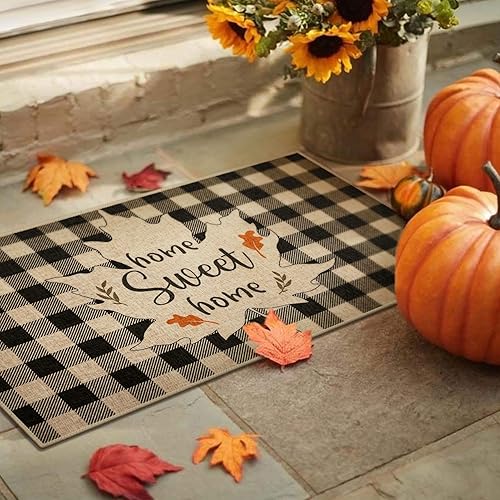 Miniatura 6 de Arttown Tapete para puerta de otoño con hojas de arce, tapete de bienvenida con texto en inglés Autumn Blessed, tapete de rejilla de búfalo, tapete