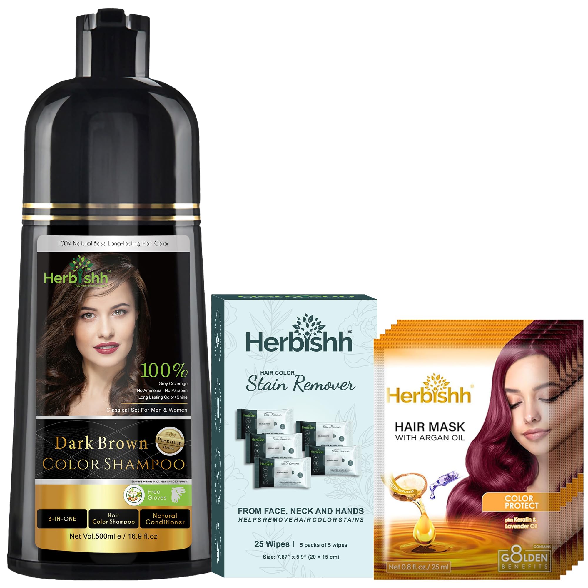 Herbishh Hair Color Shampoo Dark Brown 500ml + Argan Hair Mask 25ml x 5 + Hair Color Stain Remover 25 Wipes-image-48
