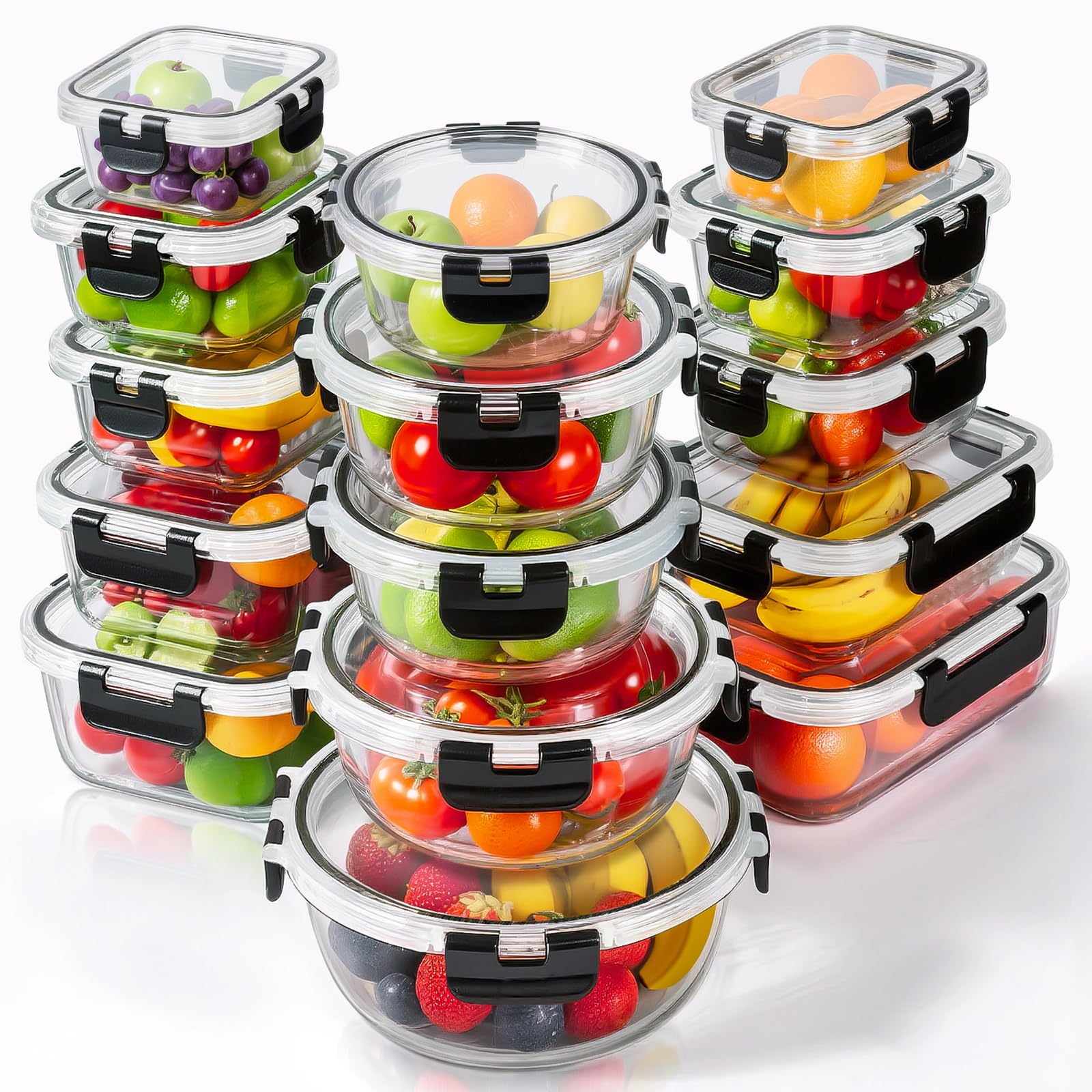 15 Pack Glass Food Storage Containers with Lids, Airtight Leak Meal Prep Glass Containers, 3 Size Lunch, BPA Free，Reusable for Kitchen Organization (15 pcs Black)