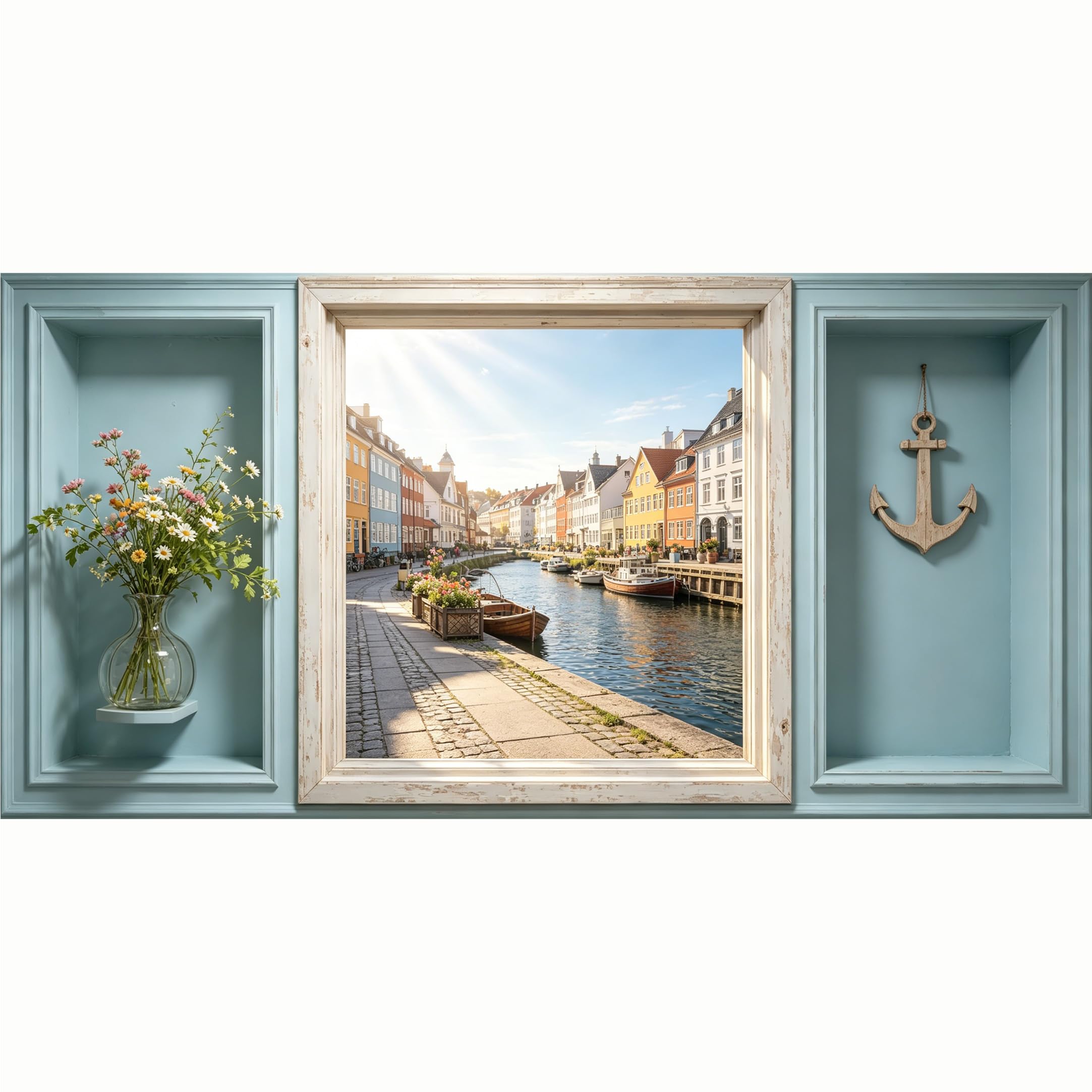QZLITHOTIC 50x100cm 3D Framed Wall Art， Coastal European Canal Harbor Town View SelfAdhesive Mural， WaterActivated Peel & Stick Fabric Decor Wall Decal for Bedroom Living Room