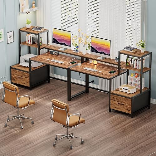 Miniatura 51 de GreenForest Escritorio de oficina con tomas de corriente y estante para impresora, escritorio de computadora de 59 pulgadas con LED y cajón,