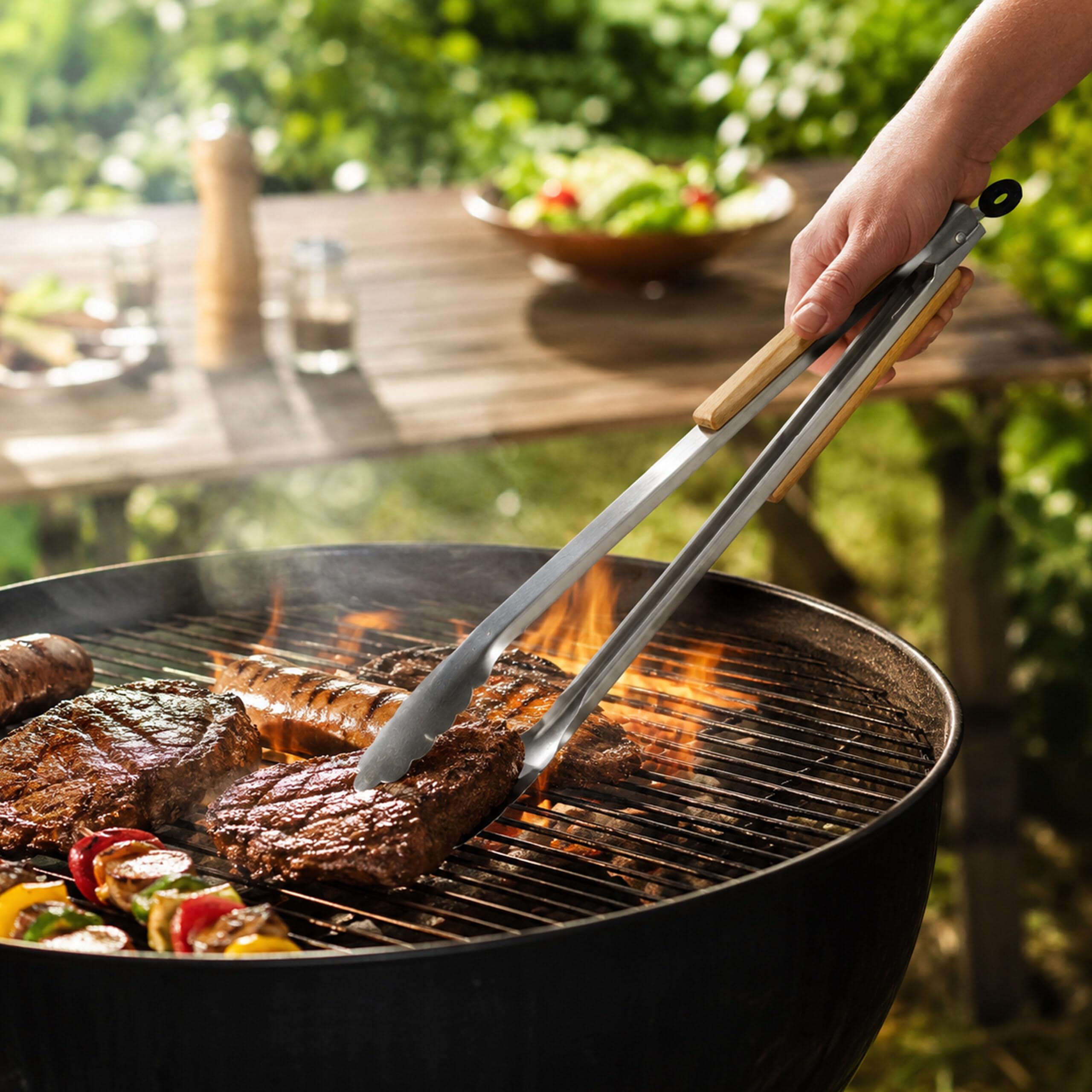 Relaxdays 10x Pinza da Barbecue, Acciaio Inox e Manico in Legno, Accessori Griglia e Cucina, Lunga 38 cm, Argentato Marrone
