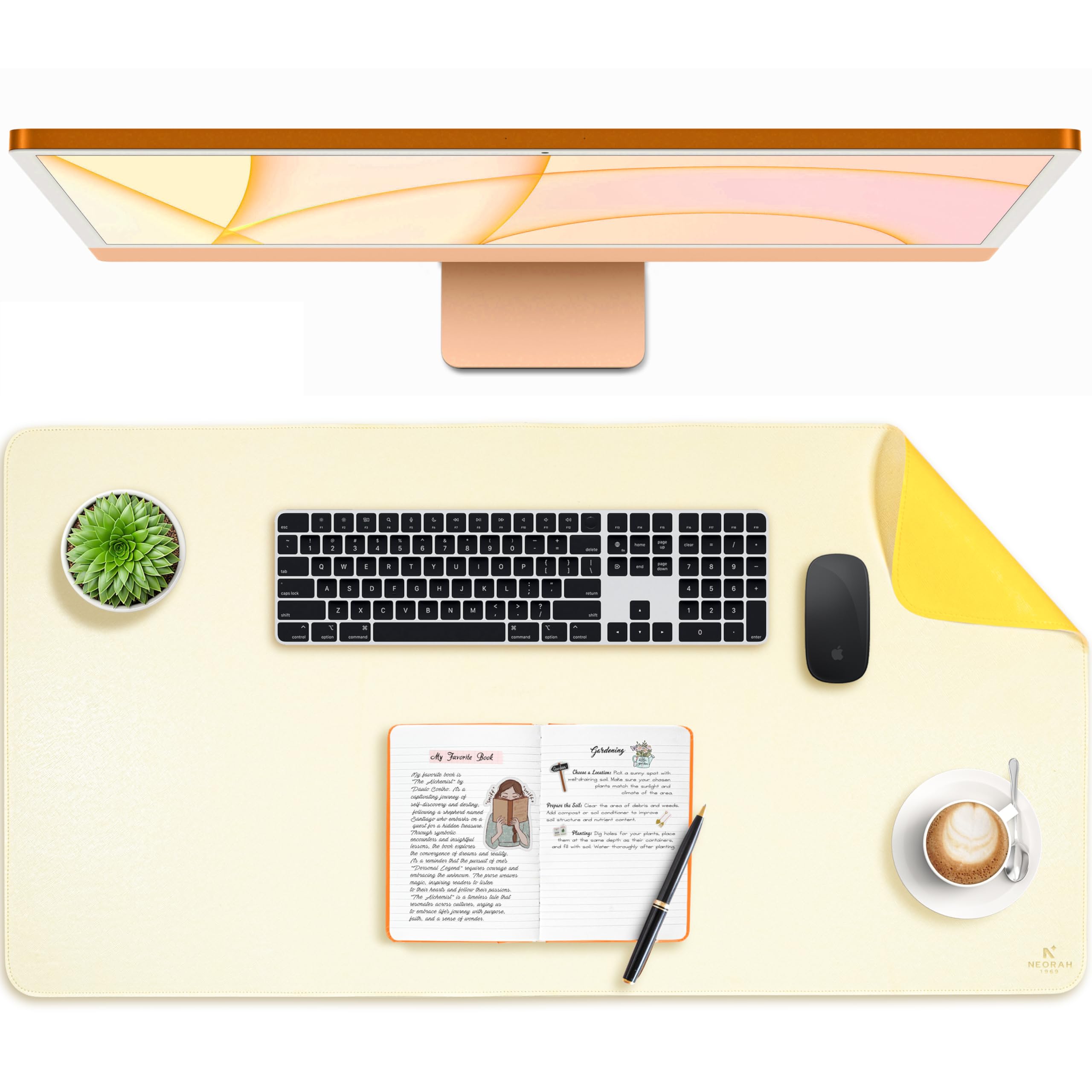 NEORAH -Vegan leather deskmat|spill resistant deskmat organiser| portable desk spread for laptop, computer and writing|Extended mouse & keyboard pad for office,work from home,gaming-Afterglow & Yellow (B0D7QK3TPG) Amazon Price History, Amazon Price Tracker