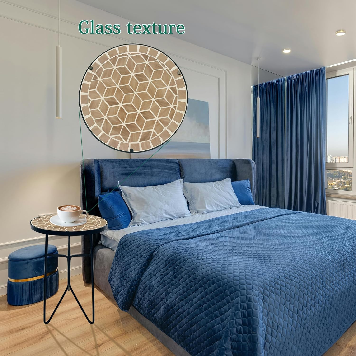 Mosaic Khaki Round Sode Tea Table,Valentine's Day Unique Furniture, Small End Outdoor Side Accent Bedside Dining Room Table, Indoor Balcony Outdoor Furniture, Balcony Valentine's Day Decor