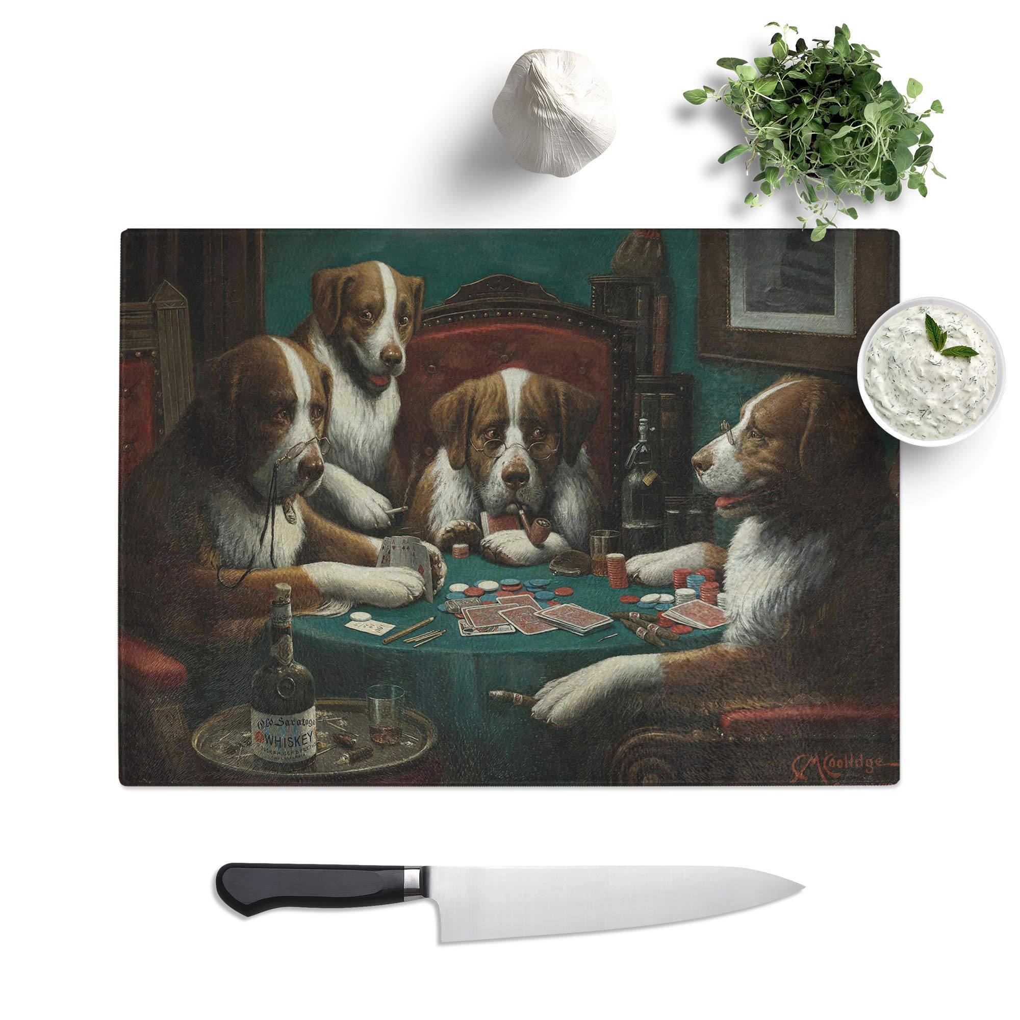 Kitchen Chopping Board Glass - Cassius Marcellus Coolidge Dogs Playing Poker - Textured Worktop Saver Cutting Board - Heat Resistant, Shatterproof and Hygenic - 28.5 x 20 cm