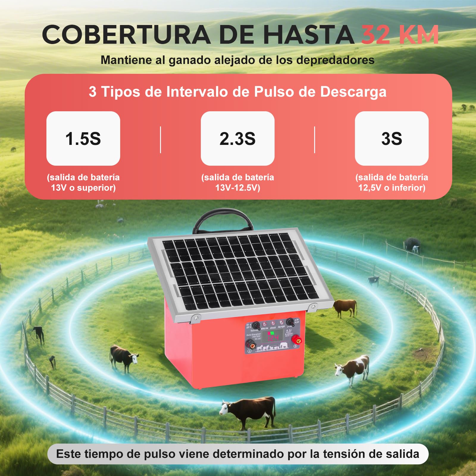 32KM cloture electrique solaire, 9,5 kV Berger électrique Contrôleur pour chevaux, 0,5 J Clôture électrique pour élevage d'animaux de berger, pour ferme, pâturage, jardin (Red)