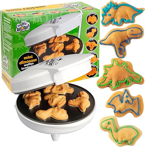 Dinosaur Mini Waffle Maker - 5 Different 3D Shaped Dinos in Minutes- Summer Breakfast Fun for Kids Adults w Cool Novelty Pancakes, Electric Baker, NonStick Waffler Iron with Recipe Guide, Gift for Him