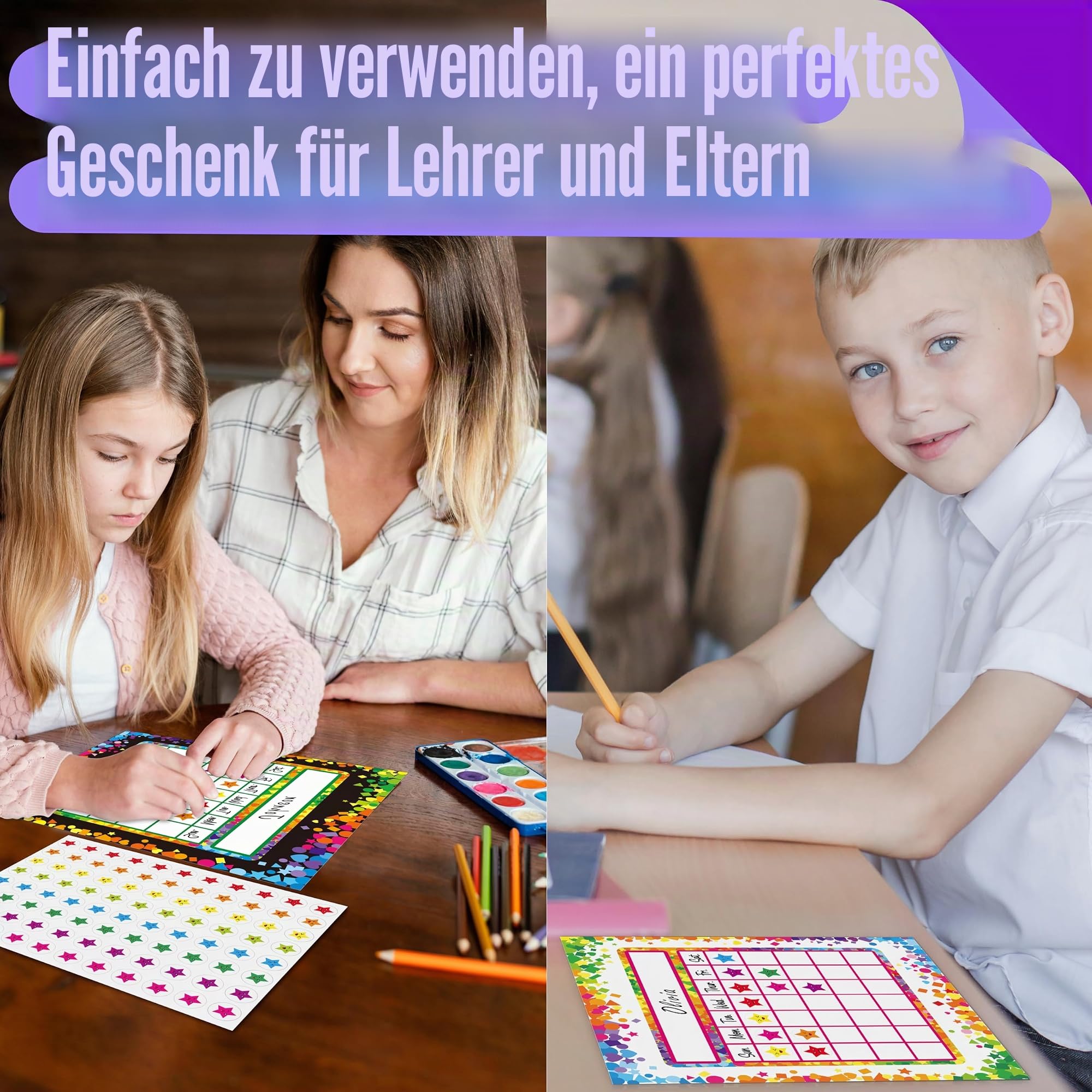 66 Belohnungstafel/Star Chart in 2 Designs mit 2024 Sternstickern