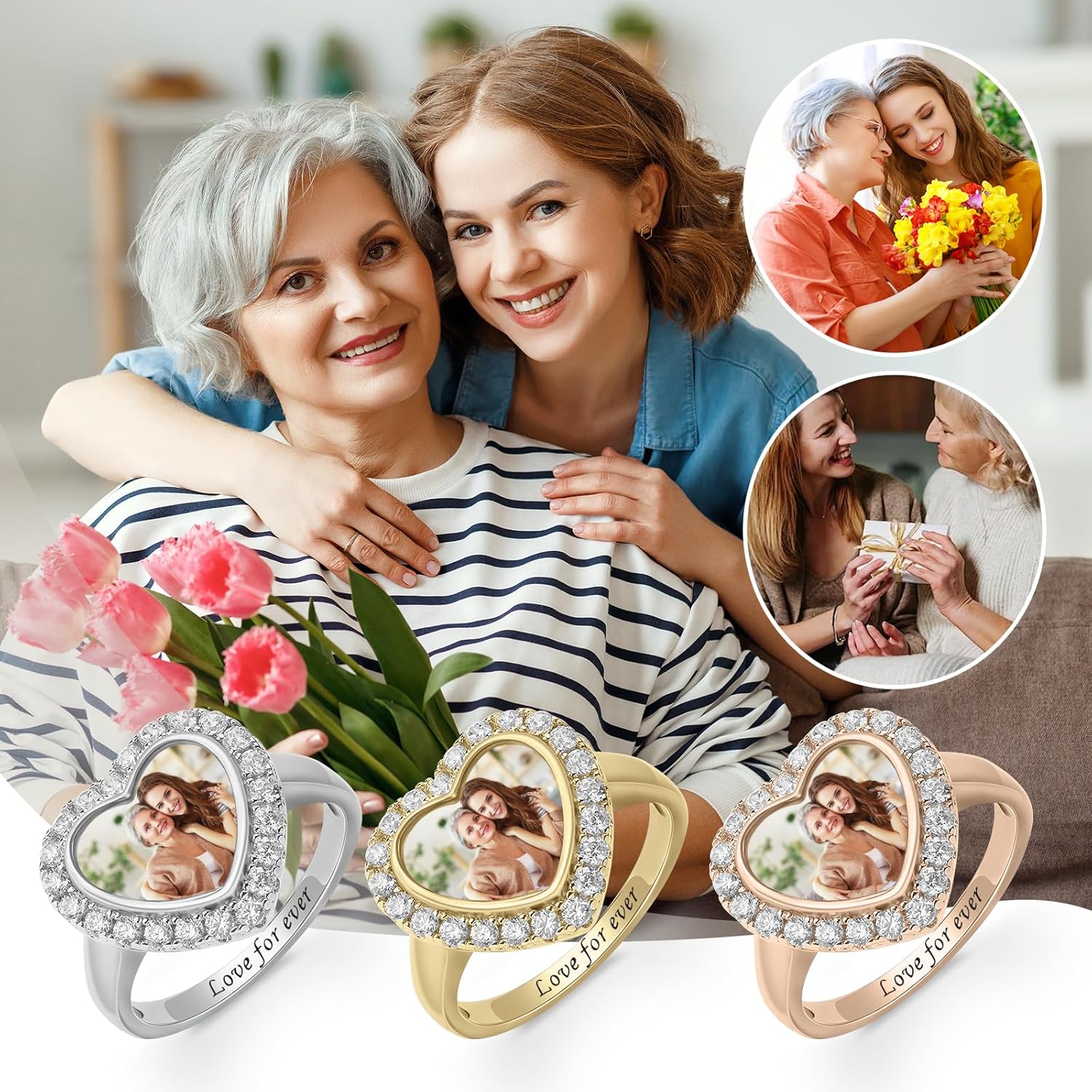 Personalized Photo Ring for Women - Heart/Square/Round Picture Ring with Engraved Name,Memory Gift for Mom Grandma Couple Friends Mother's Day Birthday Anniversary
