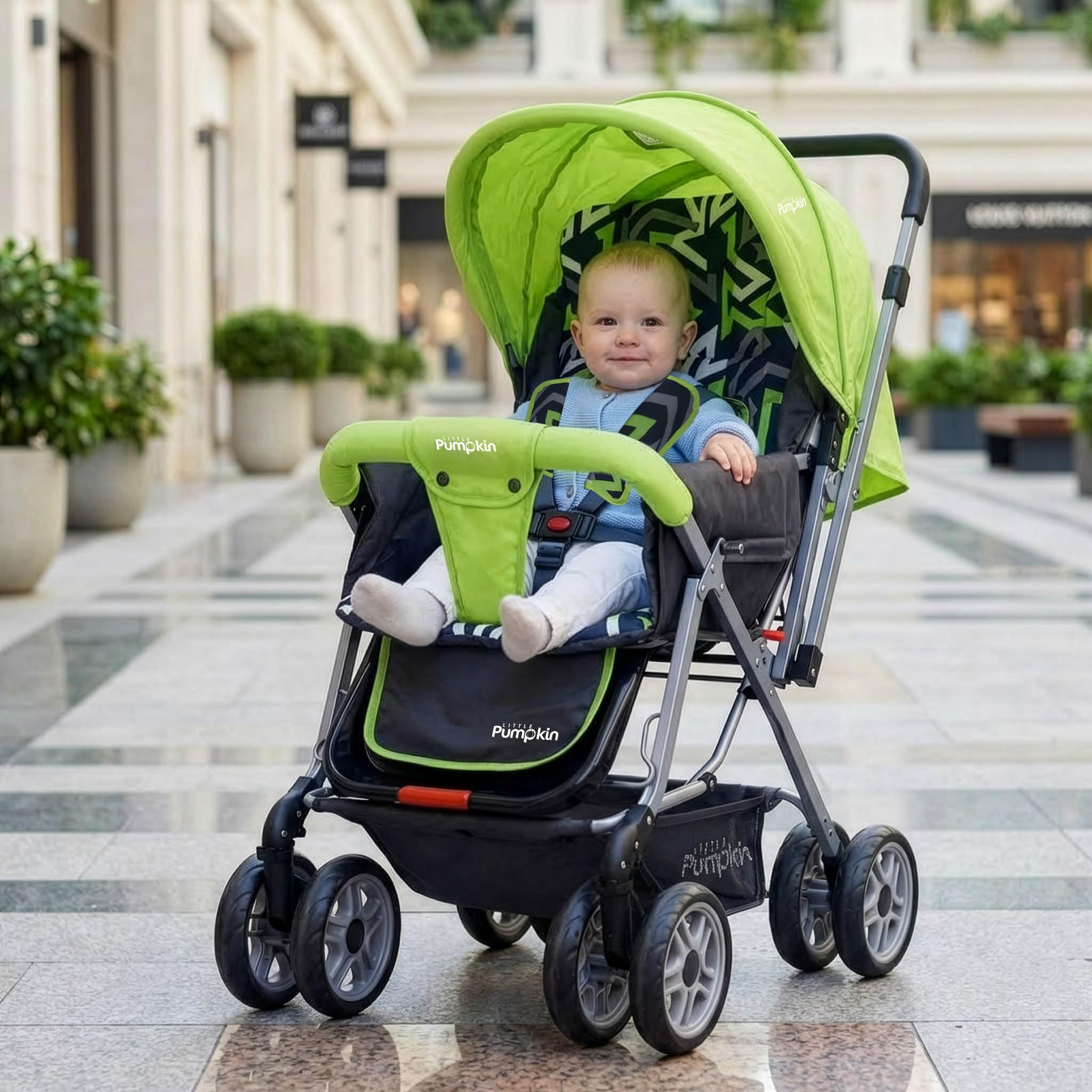 Little Pumpkin by R for Rabbit Kiddie Kingdom Baby Stroller Pram with 3 Position Recline, Adjustable Backrest, 360° Swivel Wheel, Storage Basket, Reversible Handle for Kids 0 to 3 Years (Green Black)