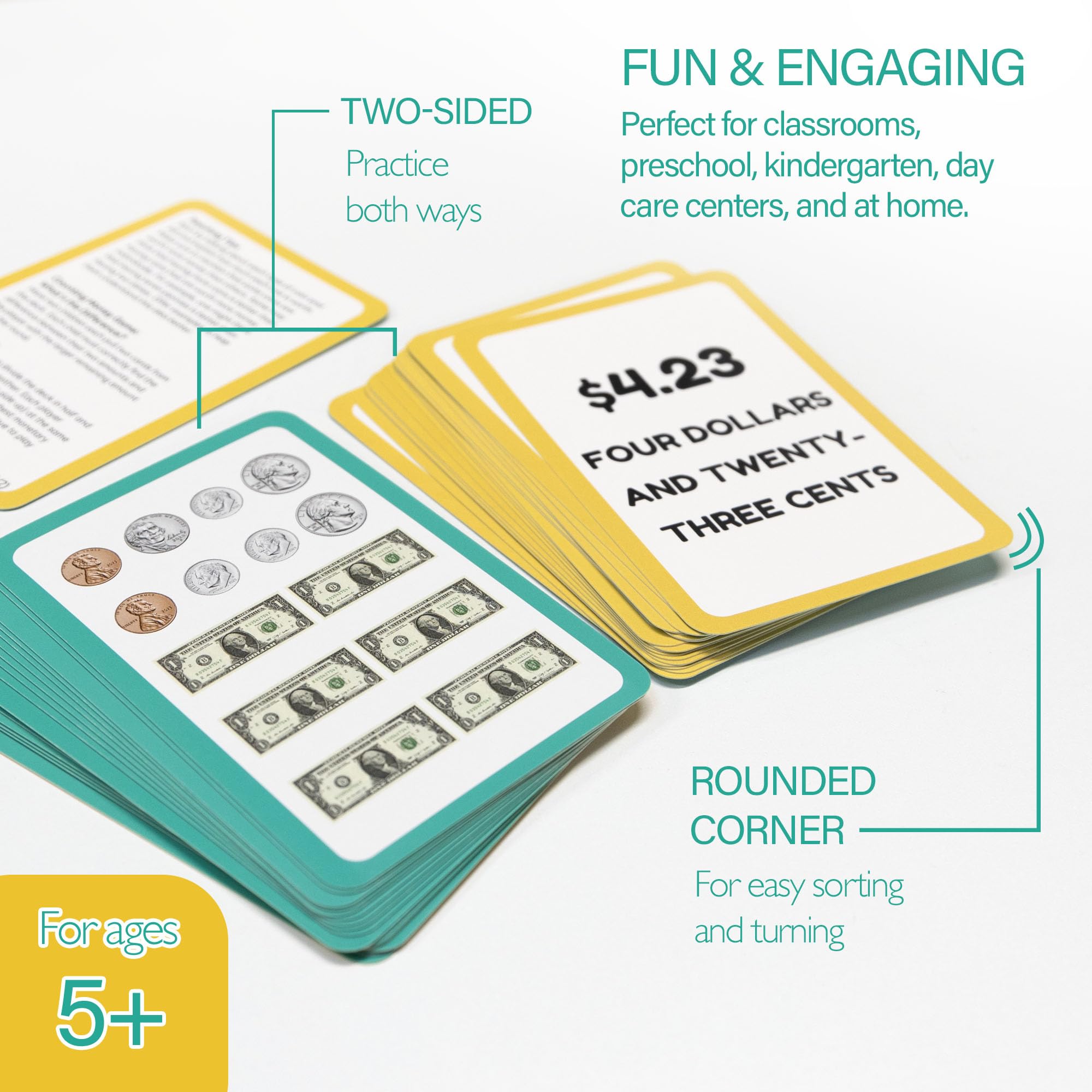 BAZIC - Schede flash per imparare a contare denaro, riconoscere banconote e monete valuta USA, gioco di apprendimento interattivo, flashcard per scuola materna e casa (confezione da 36), confezione da