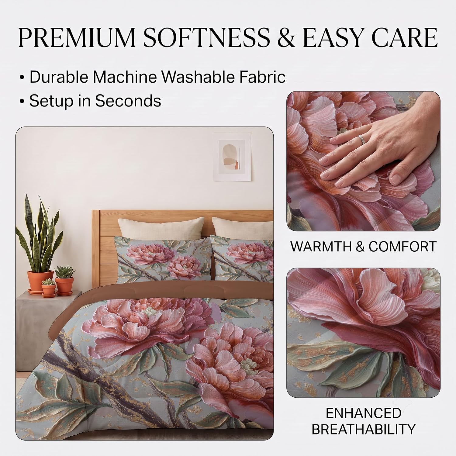 Chinese Flowers Comforter Set Full Size, Blooming Peonies Bedding Set for Girls Boys, Pink Quilt Bed 79"X90" Bedding Comforter Sets with 2 Pillowcase Room Decor