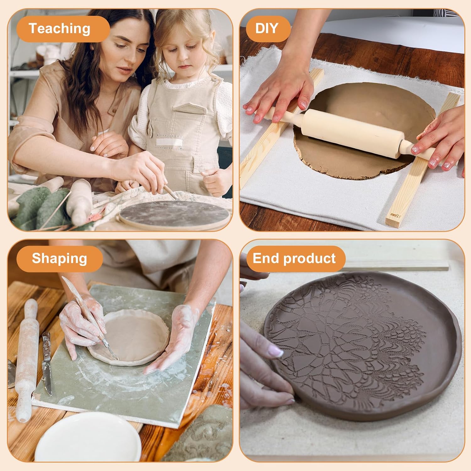 12Pcs Pottery Tools, 1 Clay Rolling Pin 10Pcs 5 Size Pottery Wooden Rolling Pin Guides Sticks 1 Special Linen Clay Depth Guide Tools