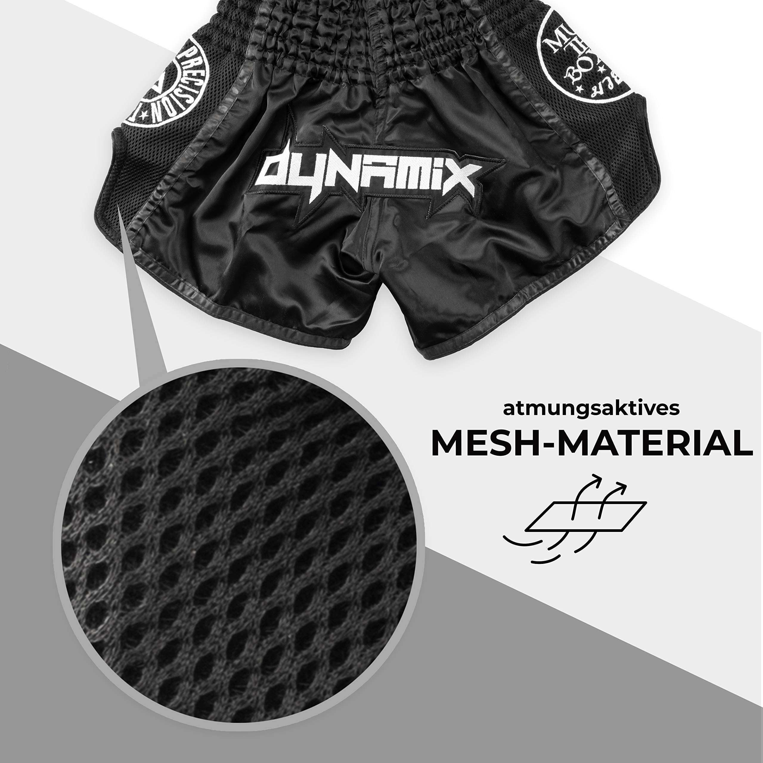Muay Thai Shorts Warpath - Schwarz - Premium Thai Short für Thaiboxen traditionelle Thaiboxhose für Herren mit Air-Tech-Gewebe und einzigartigen Muay Thai Stickereien
