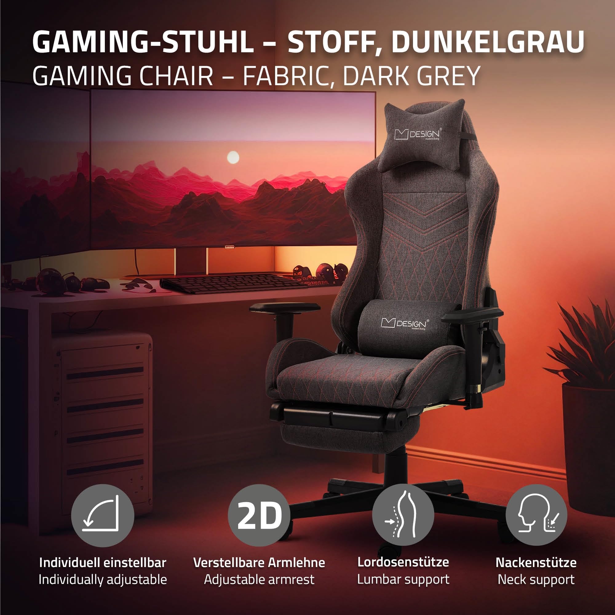 ML-Design Sedia da Gaming Ergonomica con Poggiapiedi Braccioli e Schienale Regolabile in Tessuto Grigio Rosso per Ufficio Cuscini Inclusi Supporto per Gambe Lombare e Poggiatesta