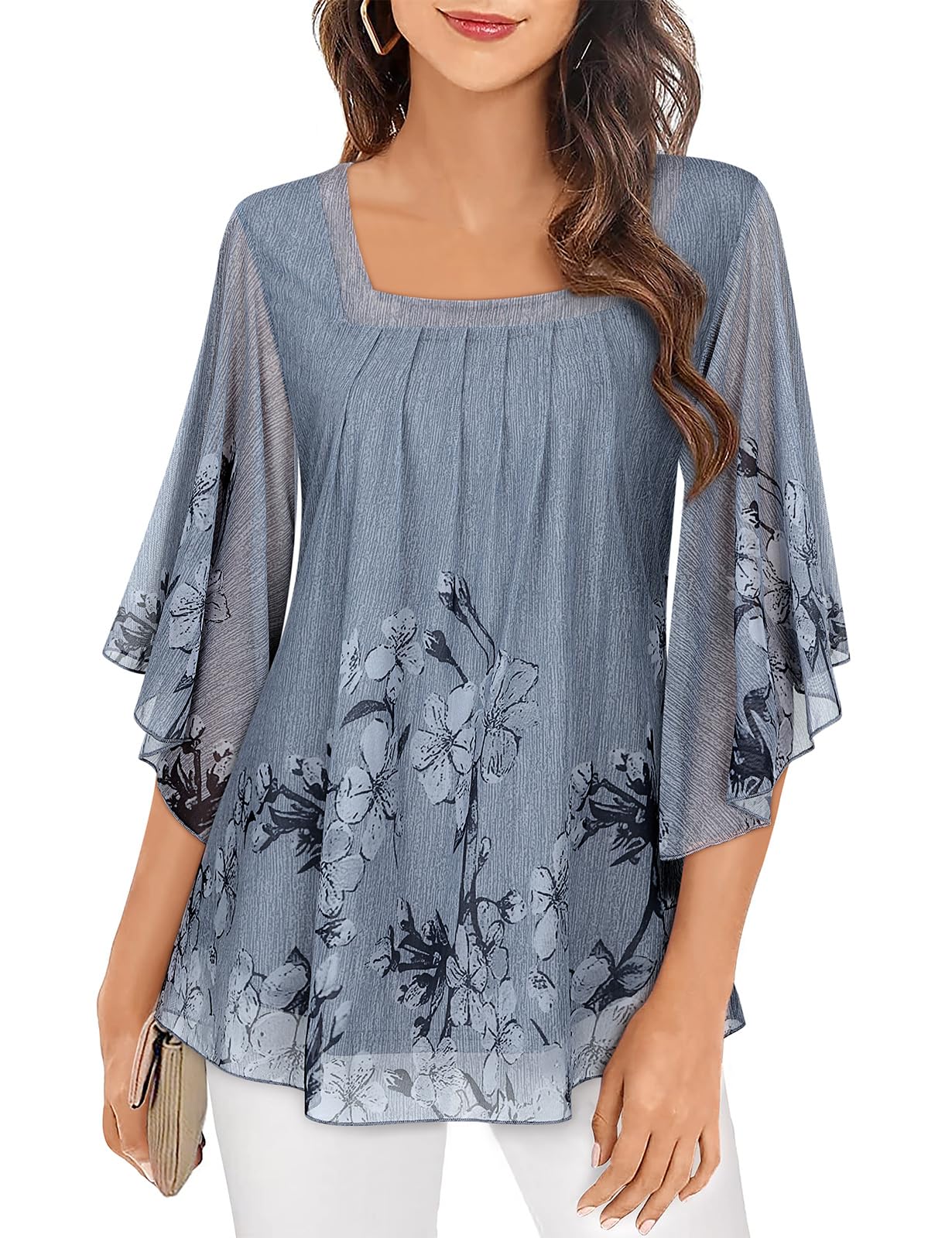 Misyula Womens Square Neck Ruffle 3/4 Sleeve Tunic Tops Double Layers Elastic Mesh Casual Flowy Floral Blouses M-3XL