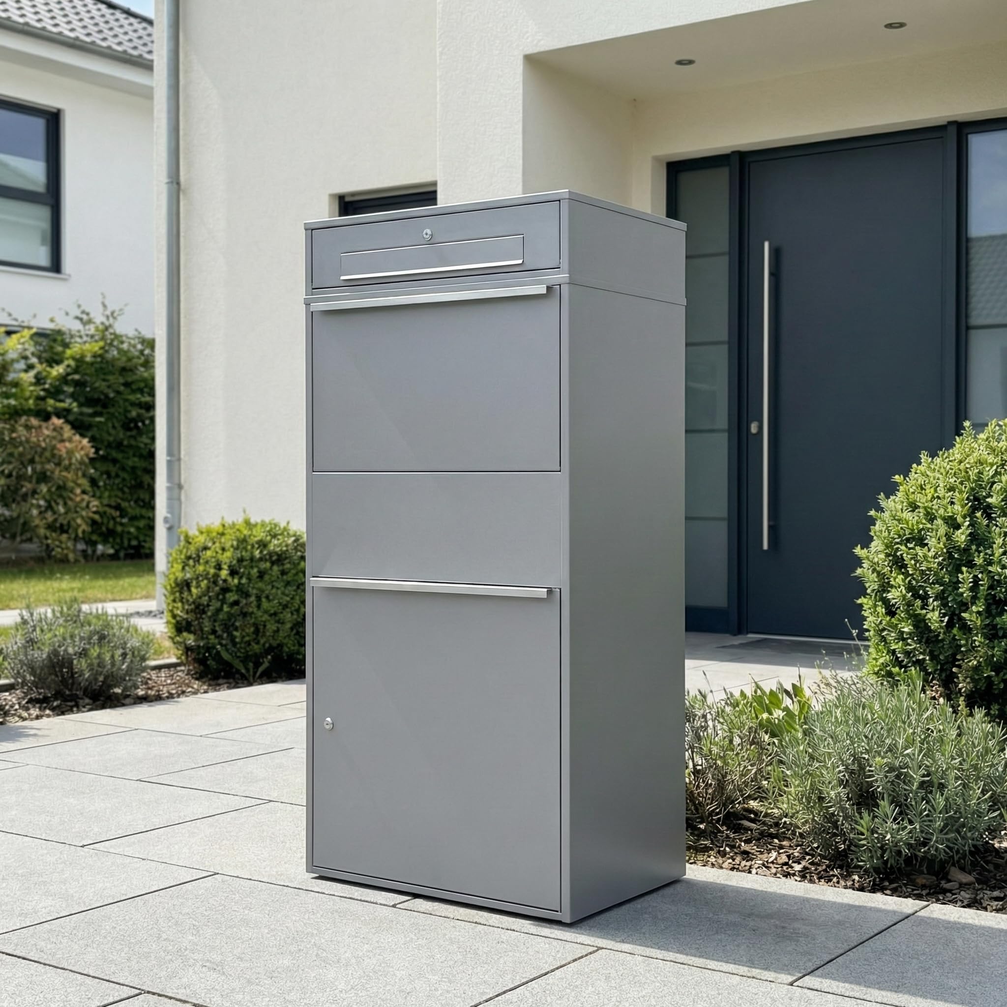 Metzler Paketbox groß XXL Briefkasten mit Paketfach RAL 9007 Graualuminium Standbriefkasten Wasserdicht rostfrei massiv Bispo Max