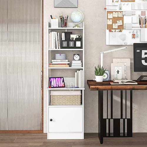 Miniatura 8 de Giantex Mesita de noche con estación de carga, mesita de noche de 56 pulgadas de alto con estantes ajustables de 6 niveles, mesa auxiliar