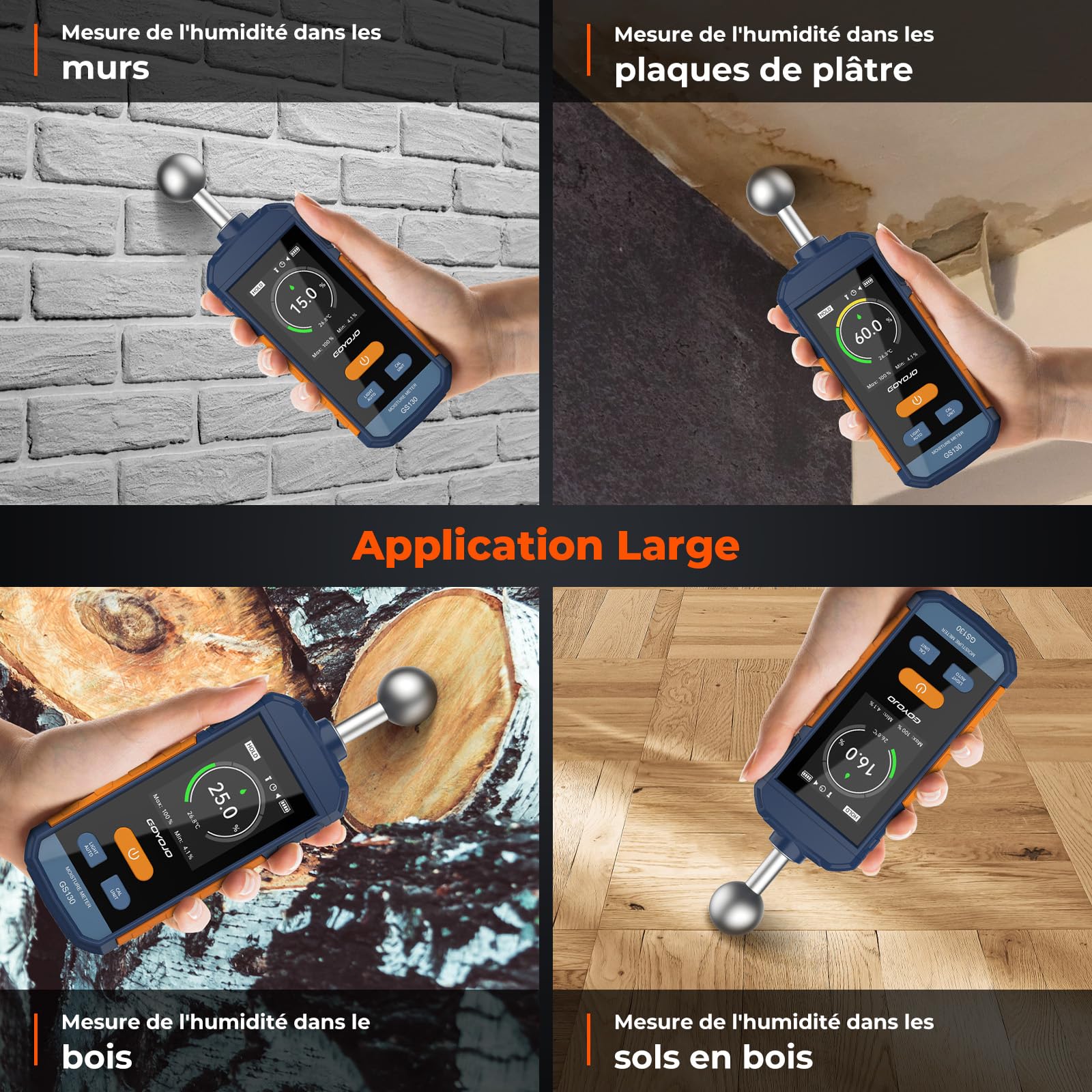 Testeur Humidité, GOYOJO Humidimètre Mural Rechargeable Avec Capteur à Bille de 5 à 40 mm, Analyses non Destructives pour Bois/Murs/Chantiers, Alarmes Réglables et Affichage de la Température