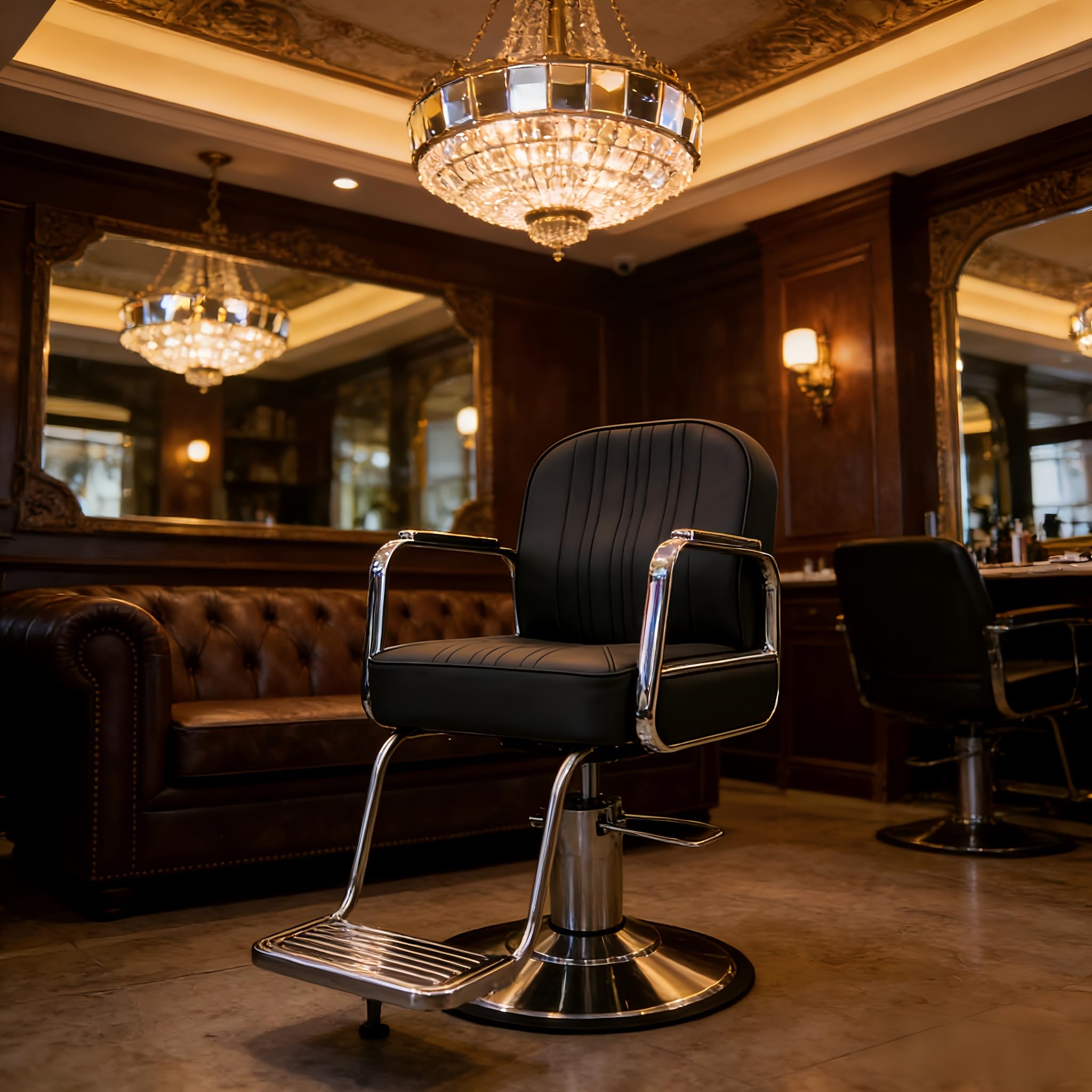 Sillón de peluquería hidráulico con estructura de acero inoxidable, tapizado con costuras verticales, reposapiés metálico, multifunción para barbería, salón de belleza, tatuaje y maquillaje