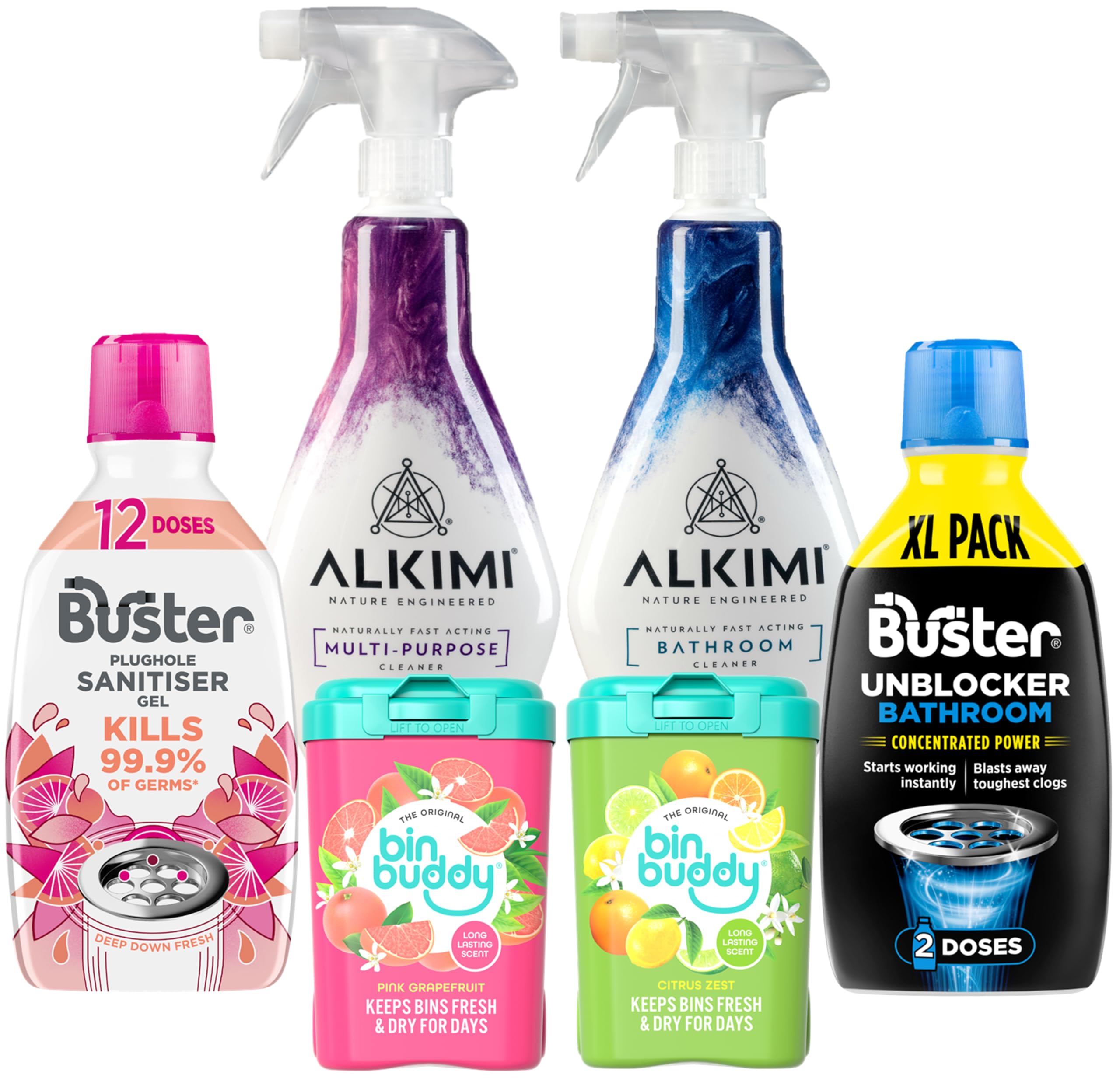 Challs Home Essentials Cleaning Bundle – Buster, Bin Buddy & ALKIMI Variety Pack