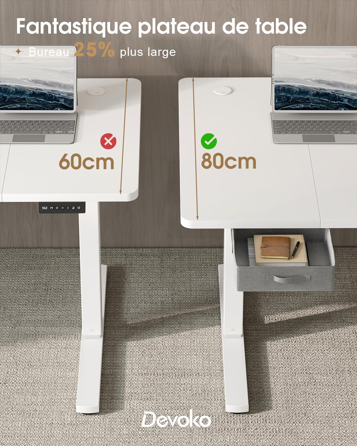 Devoko Höhenverstellbarer Schreibtisch 160x80cm, Schreibtisch Höhenverstellbarer mit Schubladen, USB-A Ladeanschluss, Computertisch mit Kabel Management Tray, Standing Desk mit 3 Memory Funktion Weiß