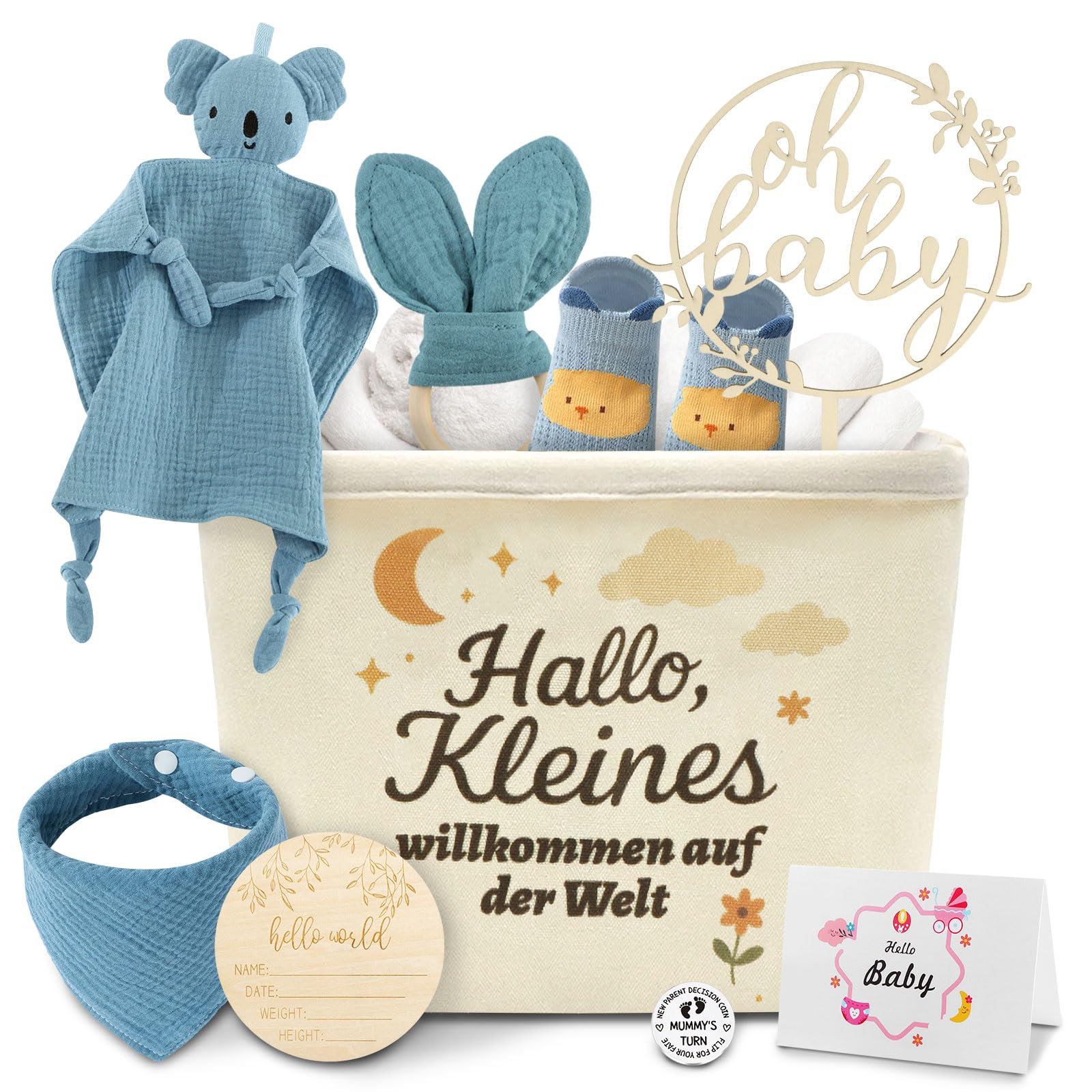 Baby Geschenk Junge & Mädchen Neugeborenen Set Babyparty Geburt Geschenkset Babygeschenke inkl. Koala Schnuffeltuch, Holz Meilensteinkarten, Socken, Lätzchen, Holzschild & Geschenkkarte - Blau