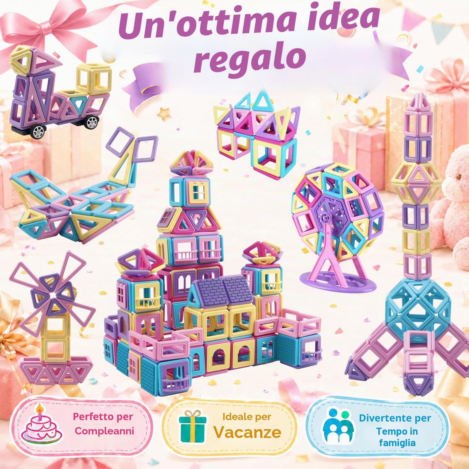 Blocchi magnetici per bambini, 173 pezzi, mini blocchi magnetici, colore macaron, 3D, giocattolo educativo ispiratore per ragazze e ragazzi dai 3 anni, regalo di compleanno