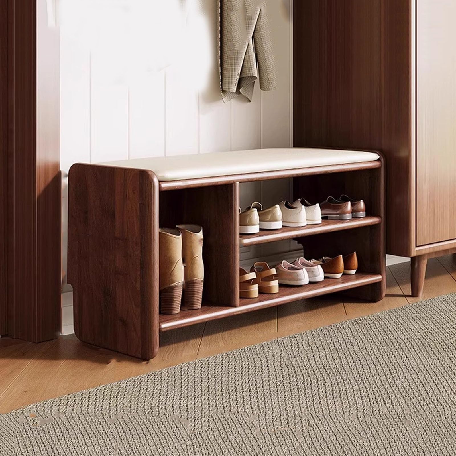 LWJSOCP Shoe Storage Bench with Padded Seat Cushion 2-Tier Solid Wood Shoe Cabinet Stool Entryway Shoe Rack for Hallway Foyer Closet 120cm (80cm)