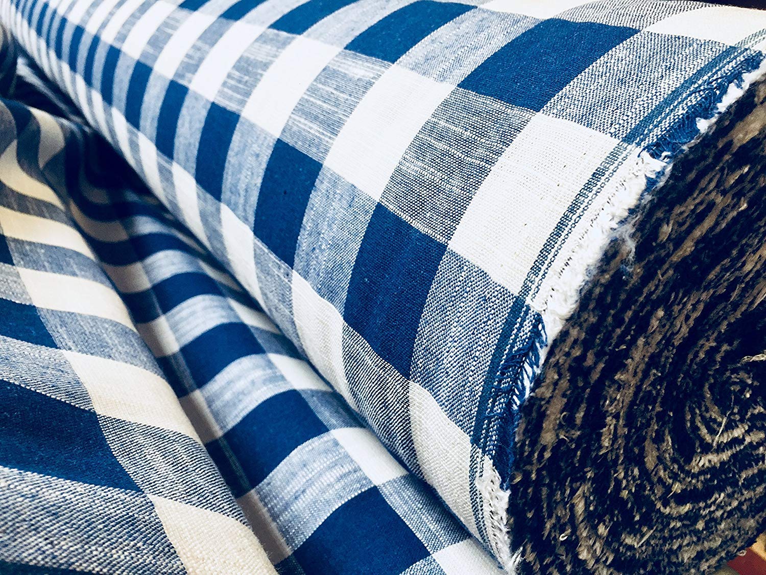 Gingham Linen Checked Linen Fabric Plaid Material Buffalo Check - 140cm Wide - Royal Blue & White (1 Meter)