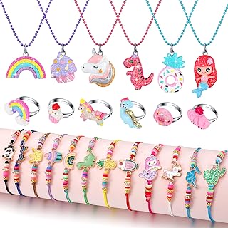 24 Pcs Little Girl Jewelry Set Kids Unicorn Necklace Cute Woven Bracelet Ring for Girls Pretend Dress up Party Favor (Cute Style)