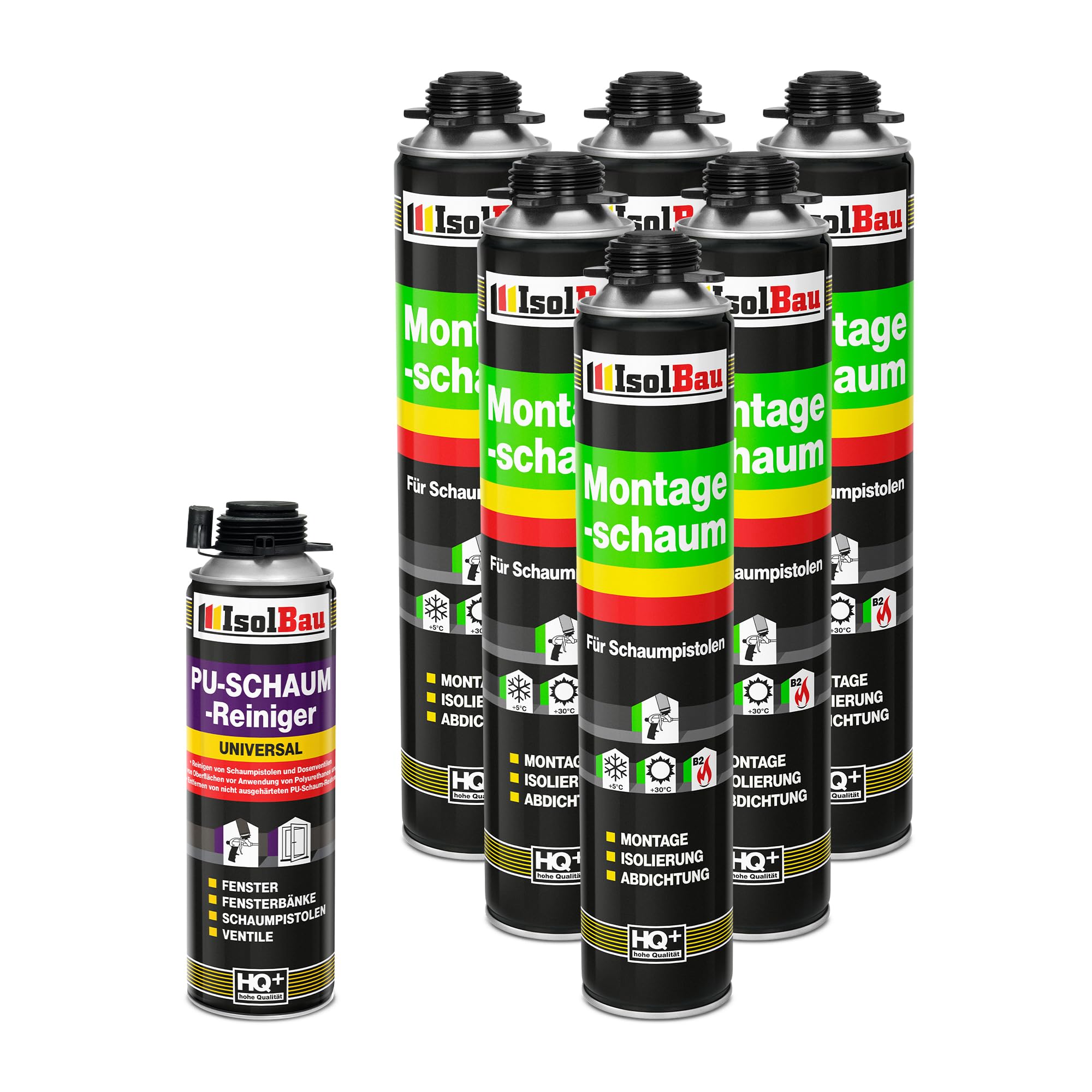 Isolbau Kit de mousse de construction – Comprend 6 x mousse de montage B2 1K avec un excellent son et une isolation thermique (750 ml chacune) et 1 nettoyant pour mousse polyuréthane (500 ml), isolant