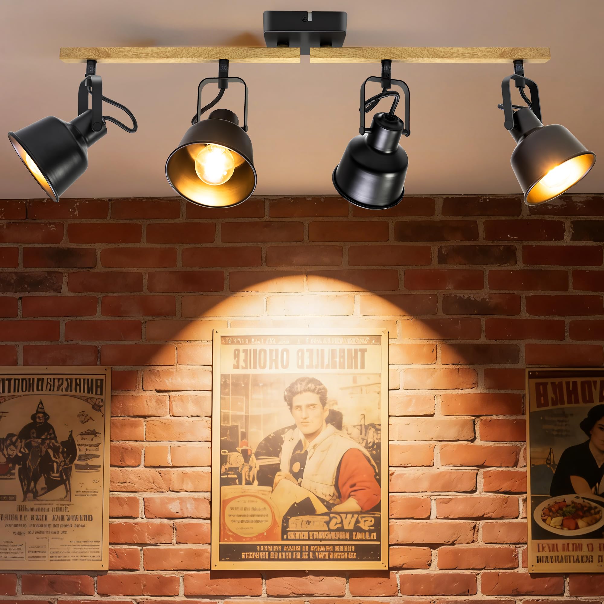 Lámpara Techo Focos, 4 Focos Led Interior Techo Base E14, Apliques Techo Focos con madera Base Rectangular, 350° Giratorios Plafón Foco de Techo LED, Negro (Sin Bombilla)