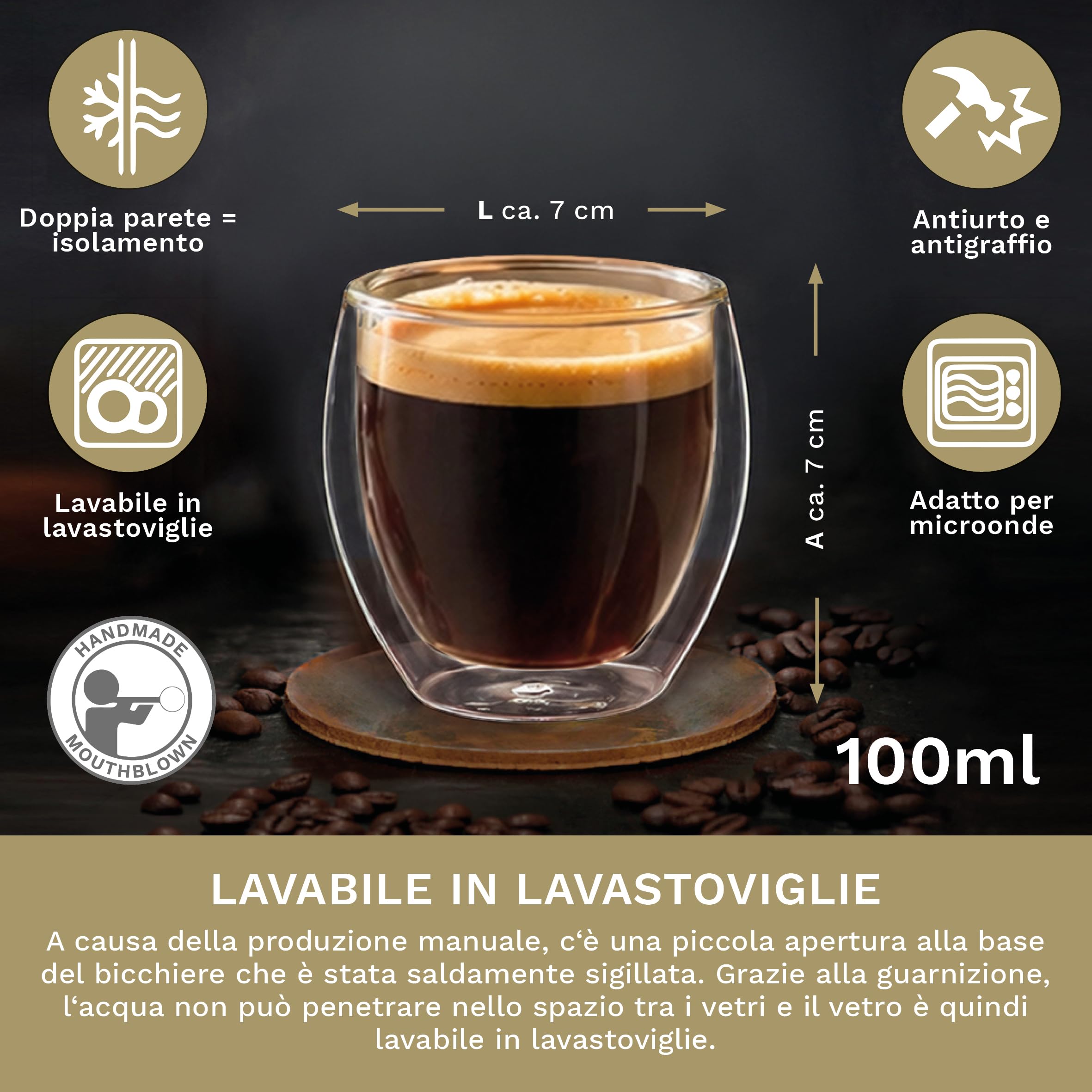 Creano Set 6 Tazze Cafè Espresso 100ml Doppia Parete in Vetro Borosilicato con Effetto Galleggiante | Bicchieri Termici Isolanti – Design Elegante Regalo Premium – Set: 6x 100ml (confezione da 1)