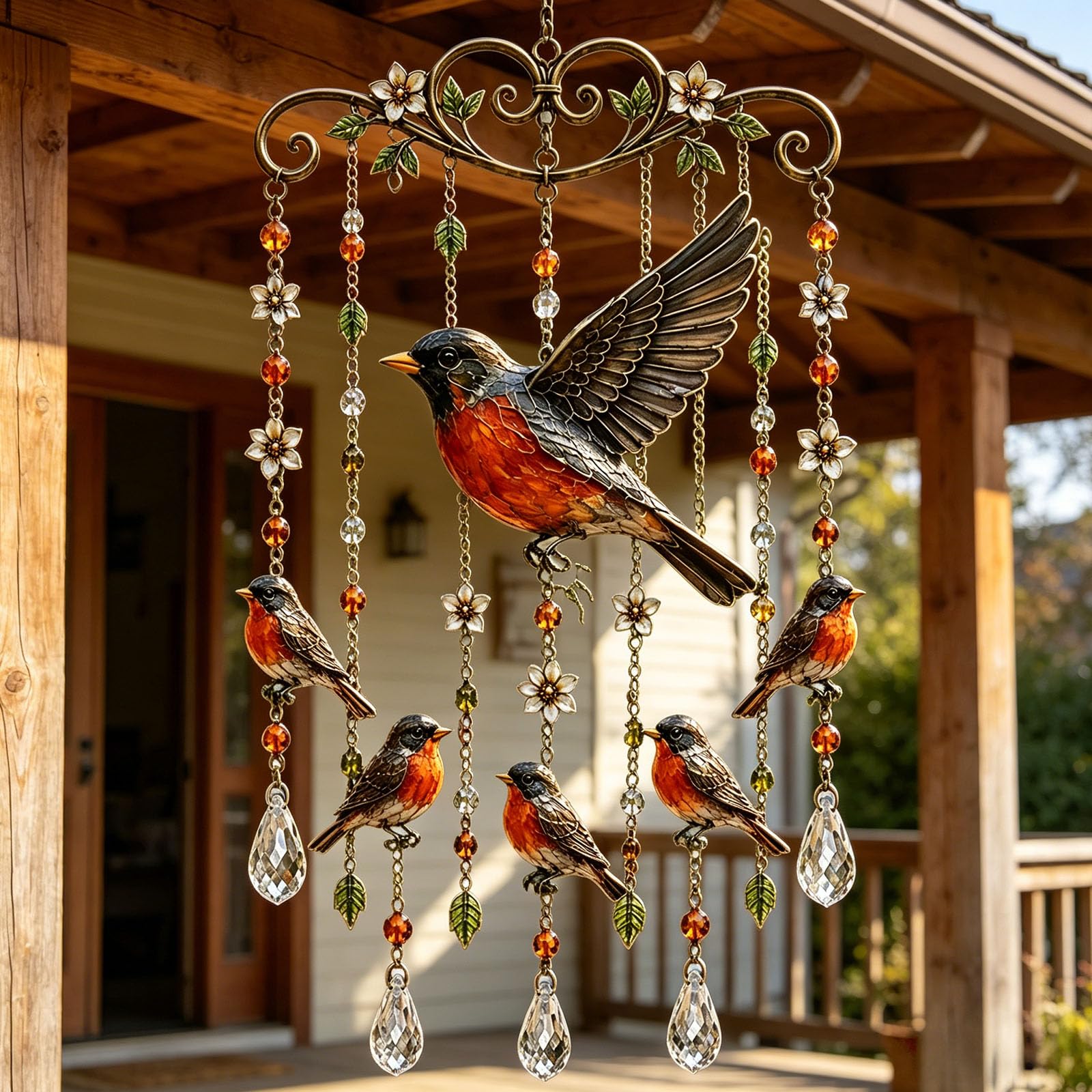 Graceful Hummingbird Wind Chime, Hummingbird Wind Chimes Outdoor Crystal Suncatcher Hanging Decor, Bird Garden Yard Ornament for Patio Porch Balcony (Robin)