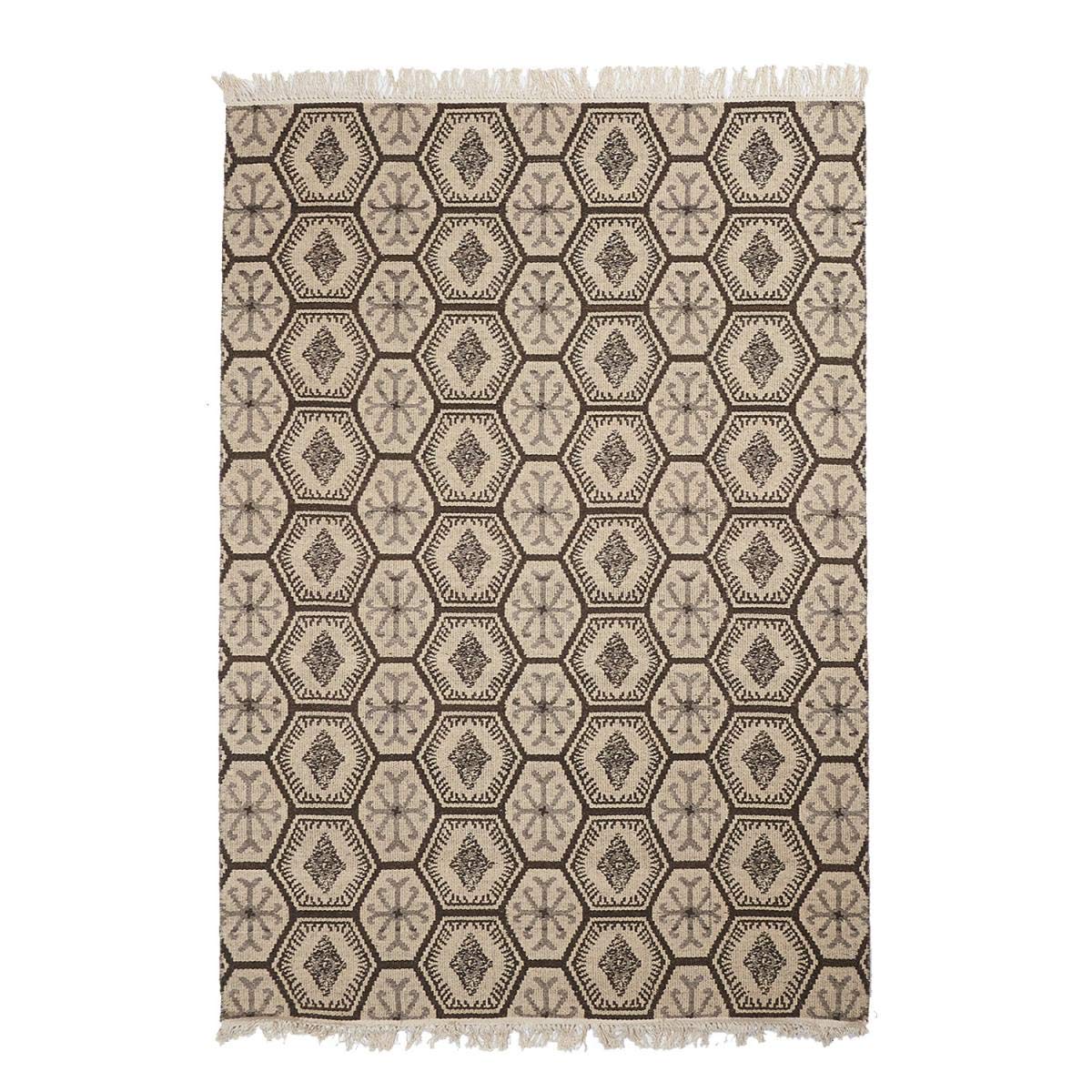Tapis Kilim 200x290 MALSA Reversible Gris Fait Main en Laine Certification Care and Fair idéal pour Salle à Manger