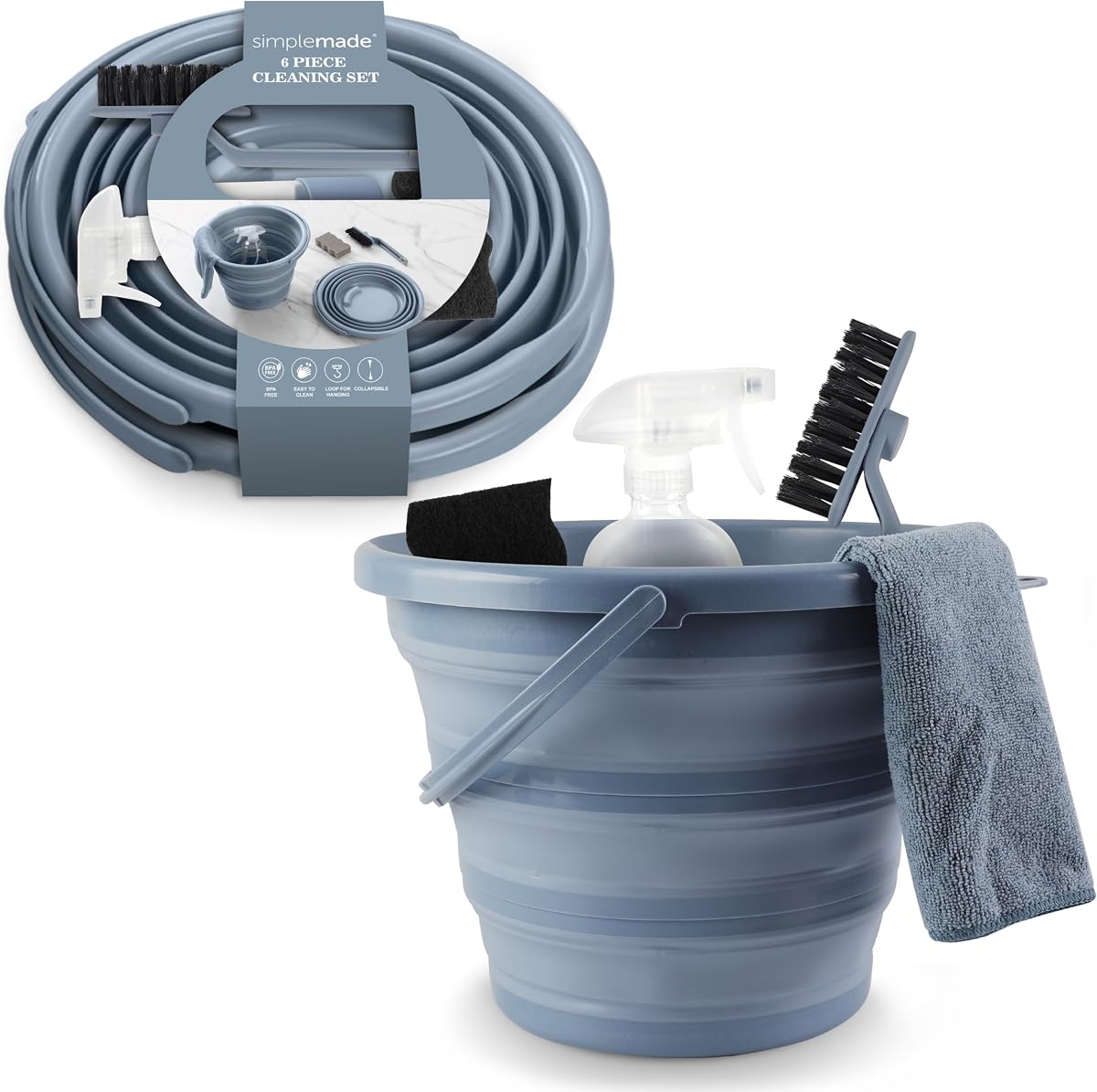 Collapsible Bucket Cleaning Set - Includes 2 Foldable Buckets, Spray Bottle, Rag, Scrubbing Brush and Sponge - Holds Up to 10 liters, Easy Storage, All-Purpose Cleaning Solution