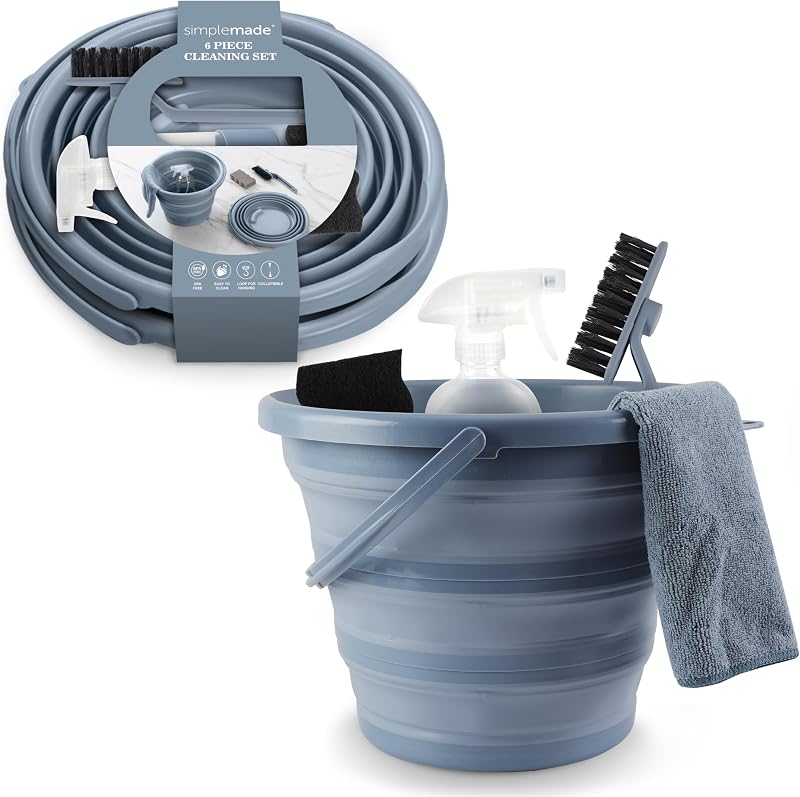 Collapsible Bucket Cleaning Set - Includes 2 Foldable Buckets, Spray Bottle, Rag, Scrubbing Brush and Sponge - Holds Up to 10 liters, Easy Storage, All-Purpose Cleaning Solution