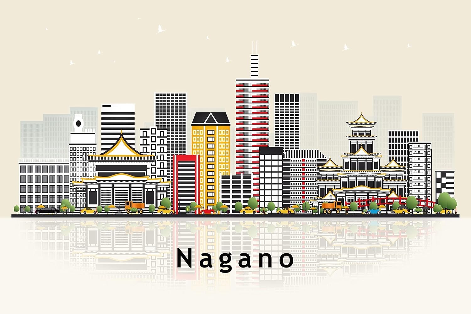 Pera Print Nagano Poster, Japan Illustration Skyline City Poster, Modern Skyline Nagano Poster, Cityscape and Landmark Print, Home-Office Wall Art Decoration - 12x18 Inches