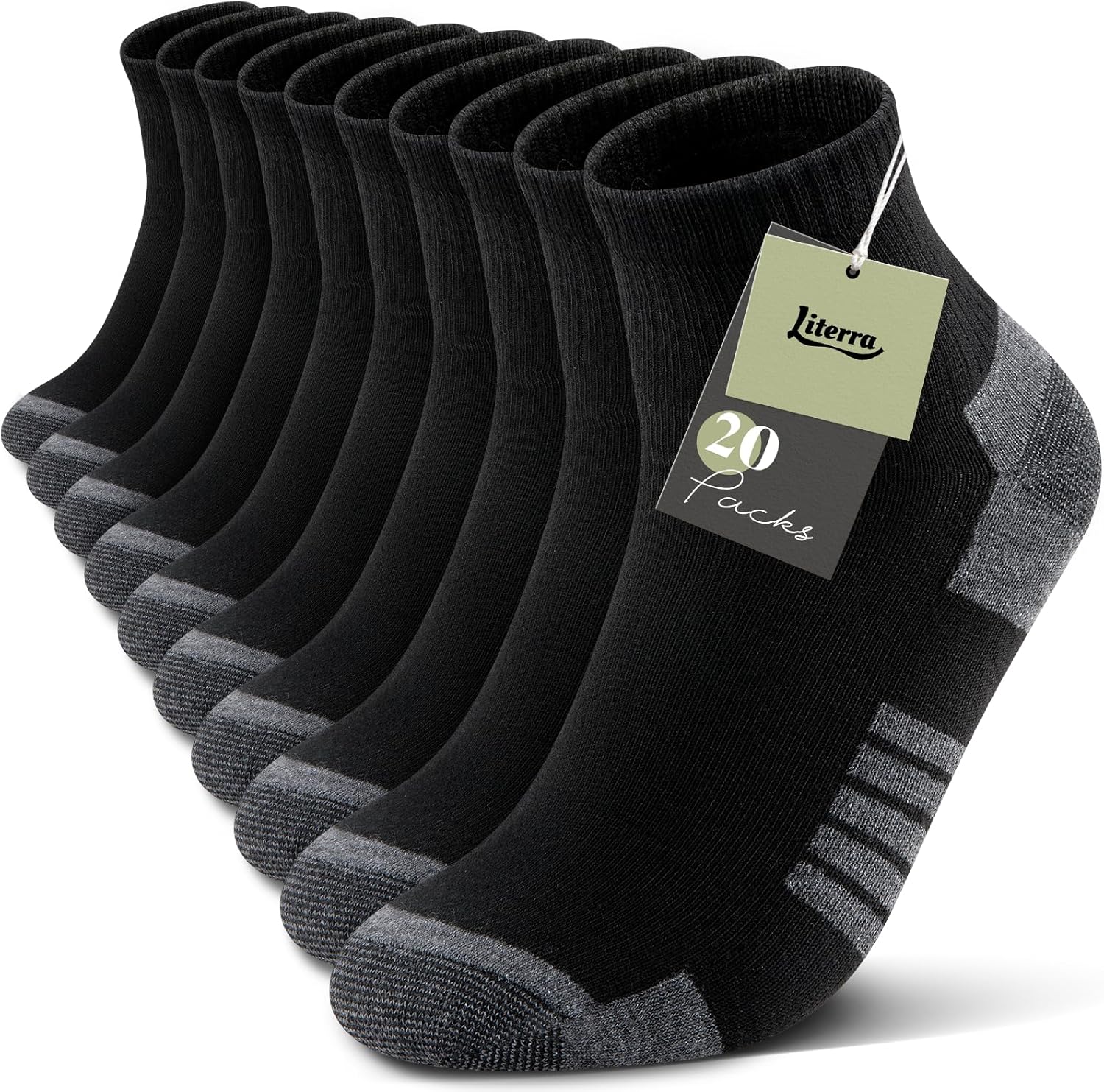 20 Pairs Mens Ankle Socks, Thin Breathable Black Socks for Men Size 10-13 13-15, Lightweight Athletic Quarter Socks