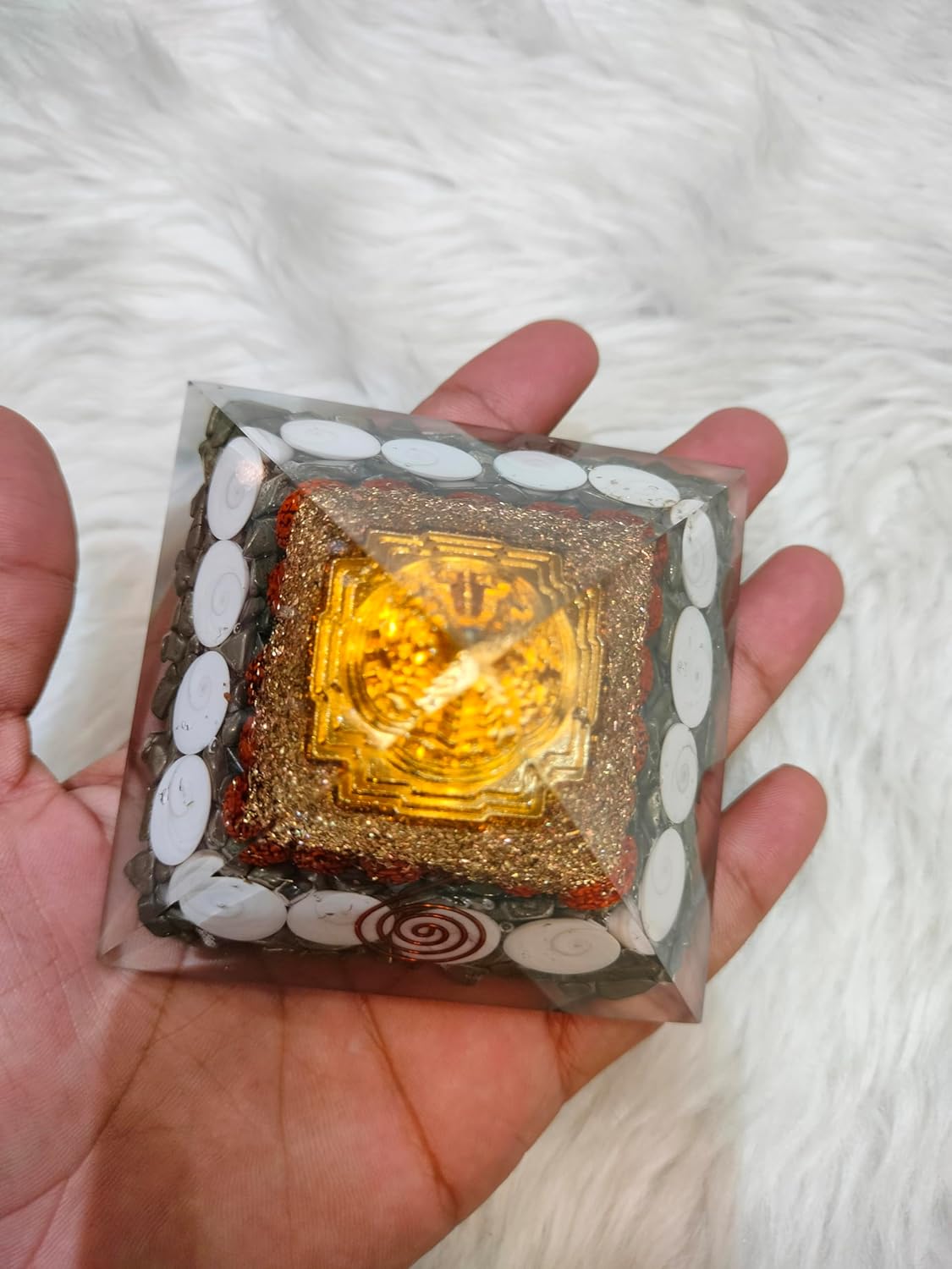 Crystal Orgonite Pyramid with Shri Yantra, Pyrite, Healing Crystals for Prosperity, Home Office Decor