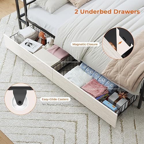 Miniatura 7 de Hasuit Cama esquinera individual XL con cajones y estantes de almacenamiento, sofá cama con estación de carga y luz LED, marco de cama de madera de