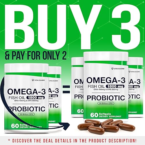 Miniatura 2 de Aceite de pescado omega-3 con probióticos  1800 mg de EPA y DHA para el corazón, el cerebro y el intestino  20 mil millones de UFC, fibra de