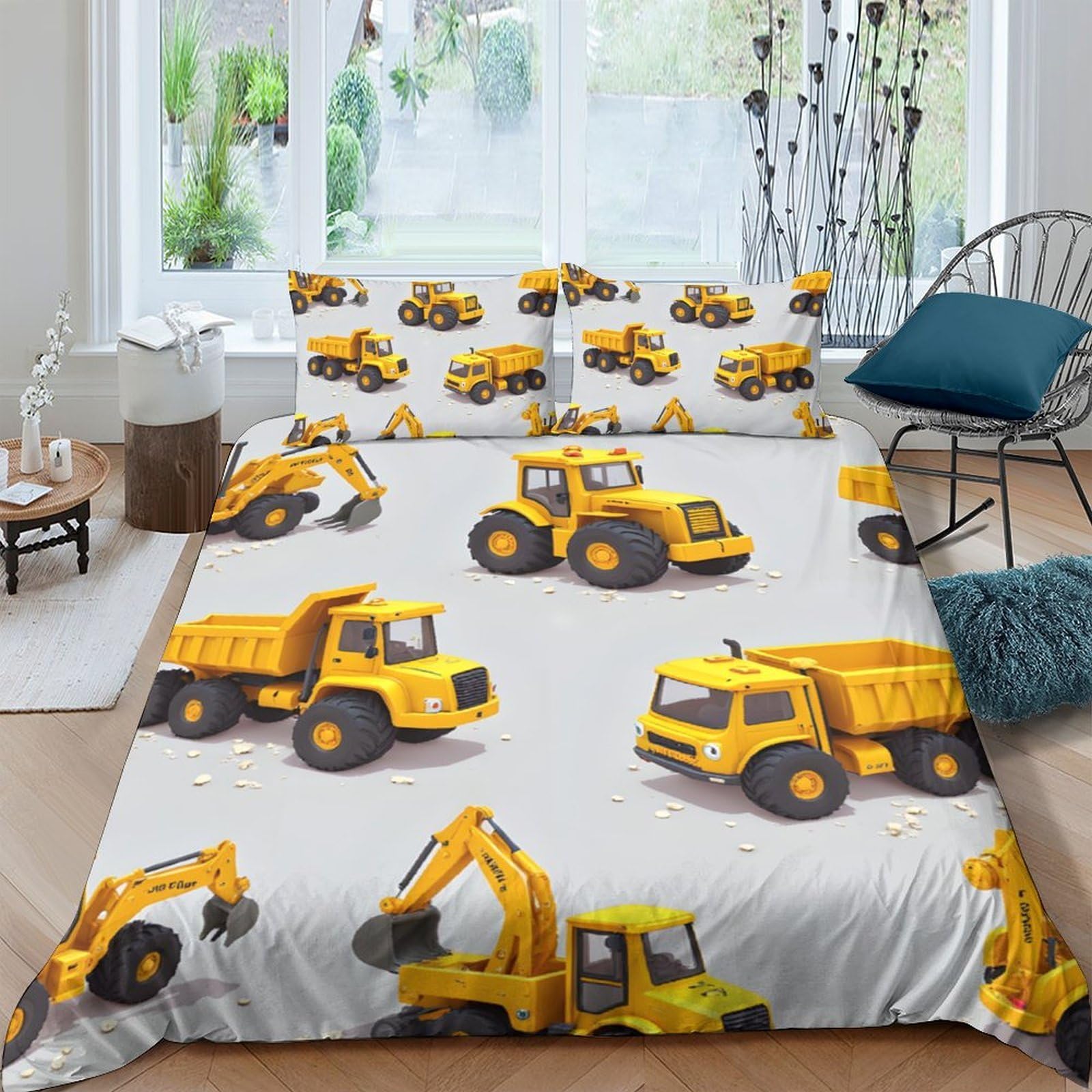 Ctjqhvkz Style-10 3D Printed Construction Truck Fitted Sheet Microfiber Soft Yellow Excavator Bed Cover For Bedroom Guestroom Kids Dorm Mattress Protection Single（135X200cm）