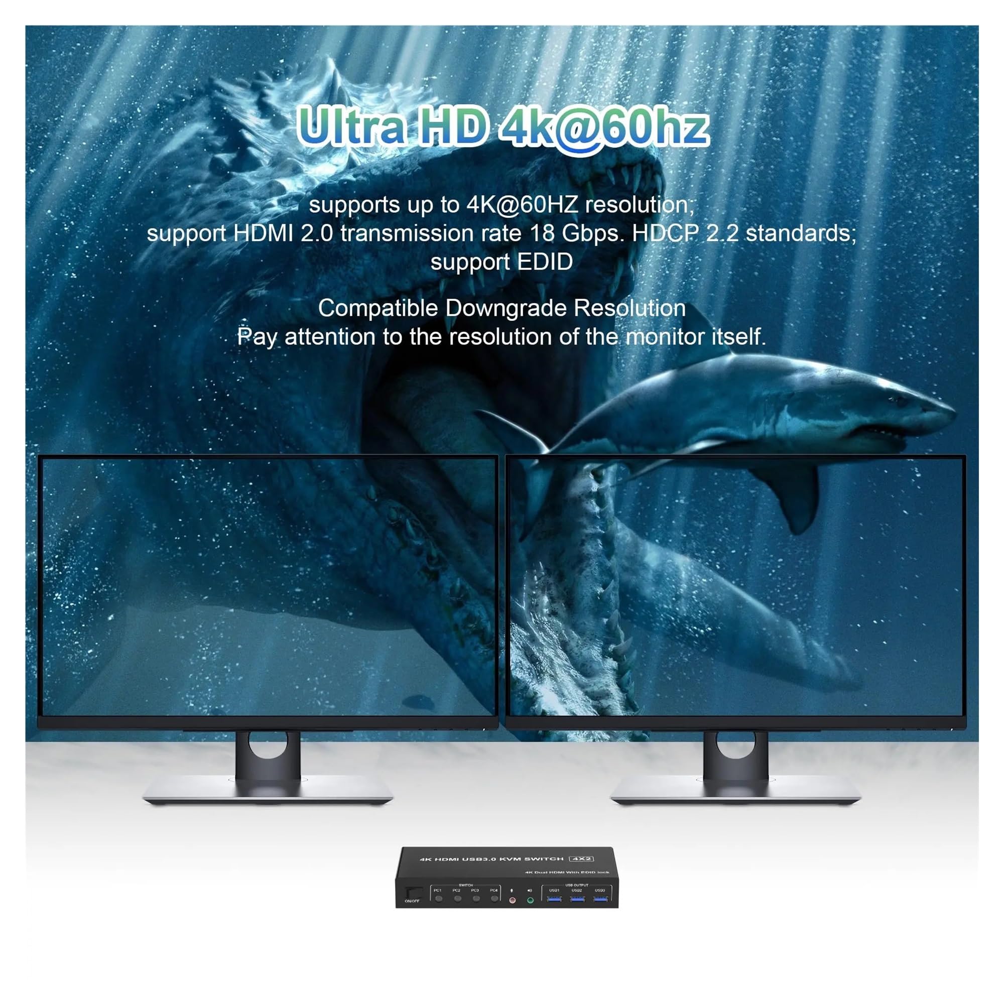 Convertitore Digitale, Switch KVM USB 3.0 for 2 monitor e 4 computer, supporta EDID, switch doppio 4K60Hz con microfono porte