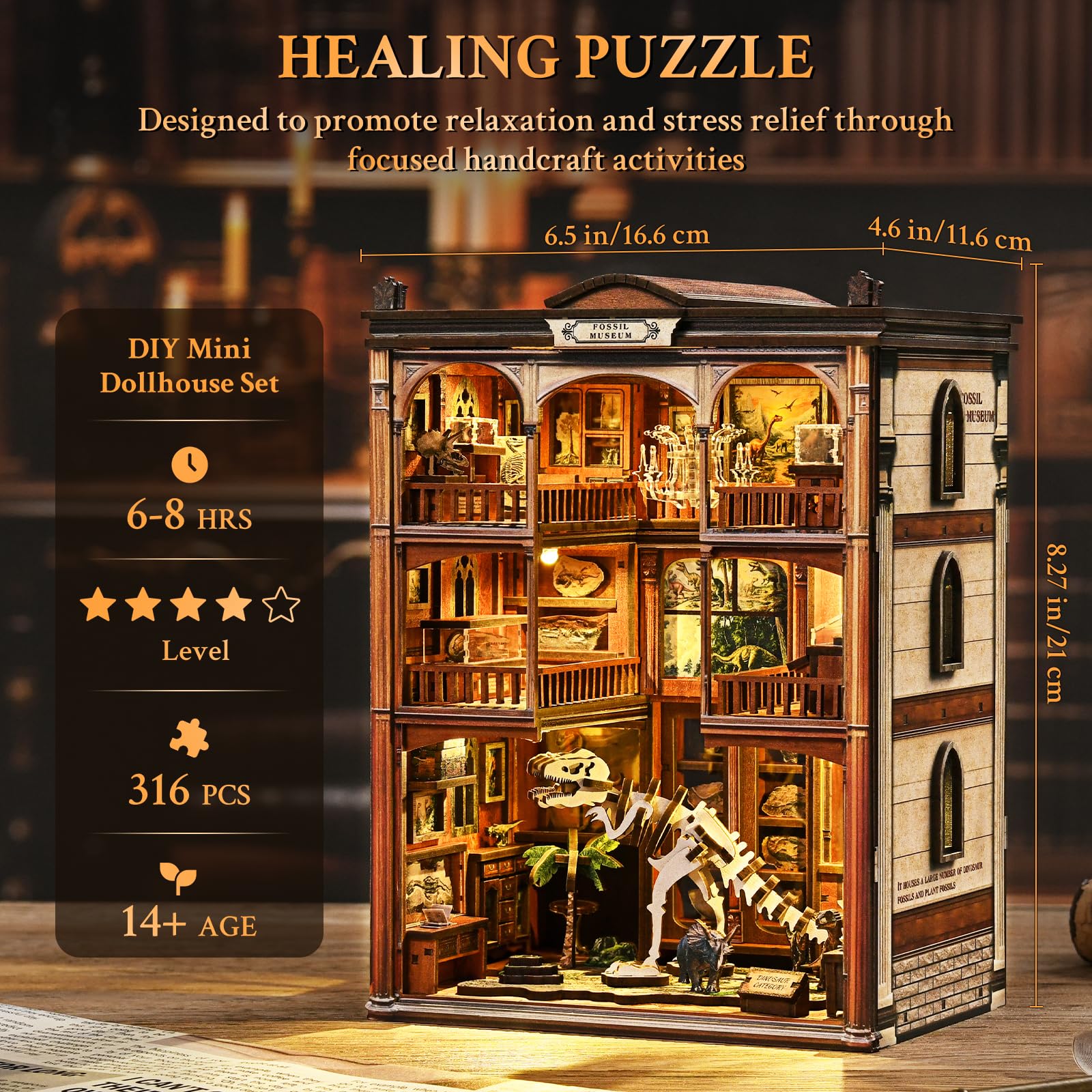 Shrike Book Nook - Kit fai da te in miniatura, puzzle 3D, con illuminazione a LED, libreria e decorazione per la casa, fai da te, famiglia e amici (museo dei dinosauri)