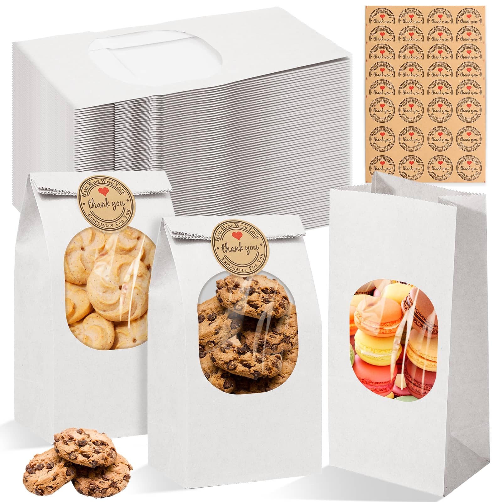 Sublaga 70Pcs Bakery Bags With Window, 3.54x2.36x6.7" Kraft Paper Bags for Bread, Cookies, Coffee - Includes 72Pcs Handmade Stickers (White, Small)